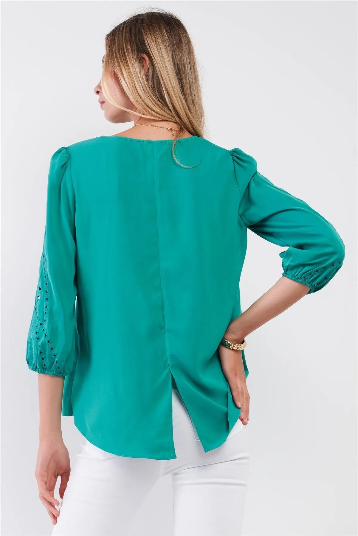 Forest Green Boho Laser-Cut Embroidery Trim Balloon Sleeve Relaxed Blouse Top /1-3-2 - Tasha Apparel Wholesale