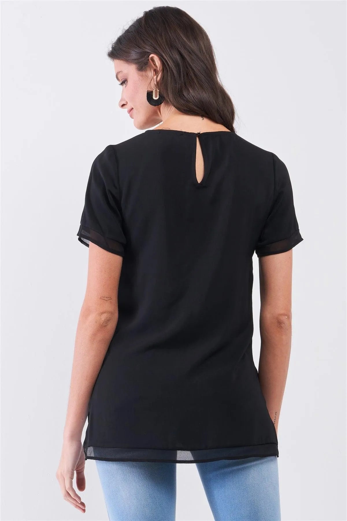 Black Short Sleeve Round Neck Loose Fit Two Side Split T-Short Top /2-4-1 - Tasha Apparel Wholesale