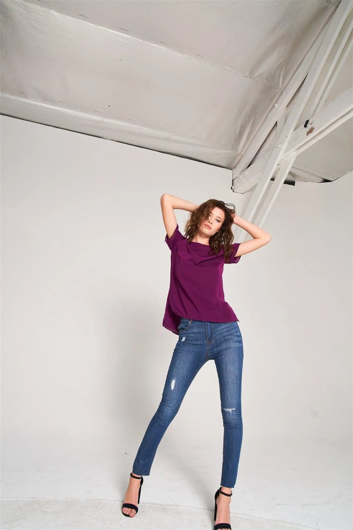 Orchid Short Sleeve Round Neck Loose Fit Two Side Split T-Short Top /2-3-1 - Tasha Apparel Wholesale