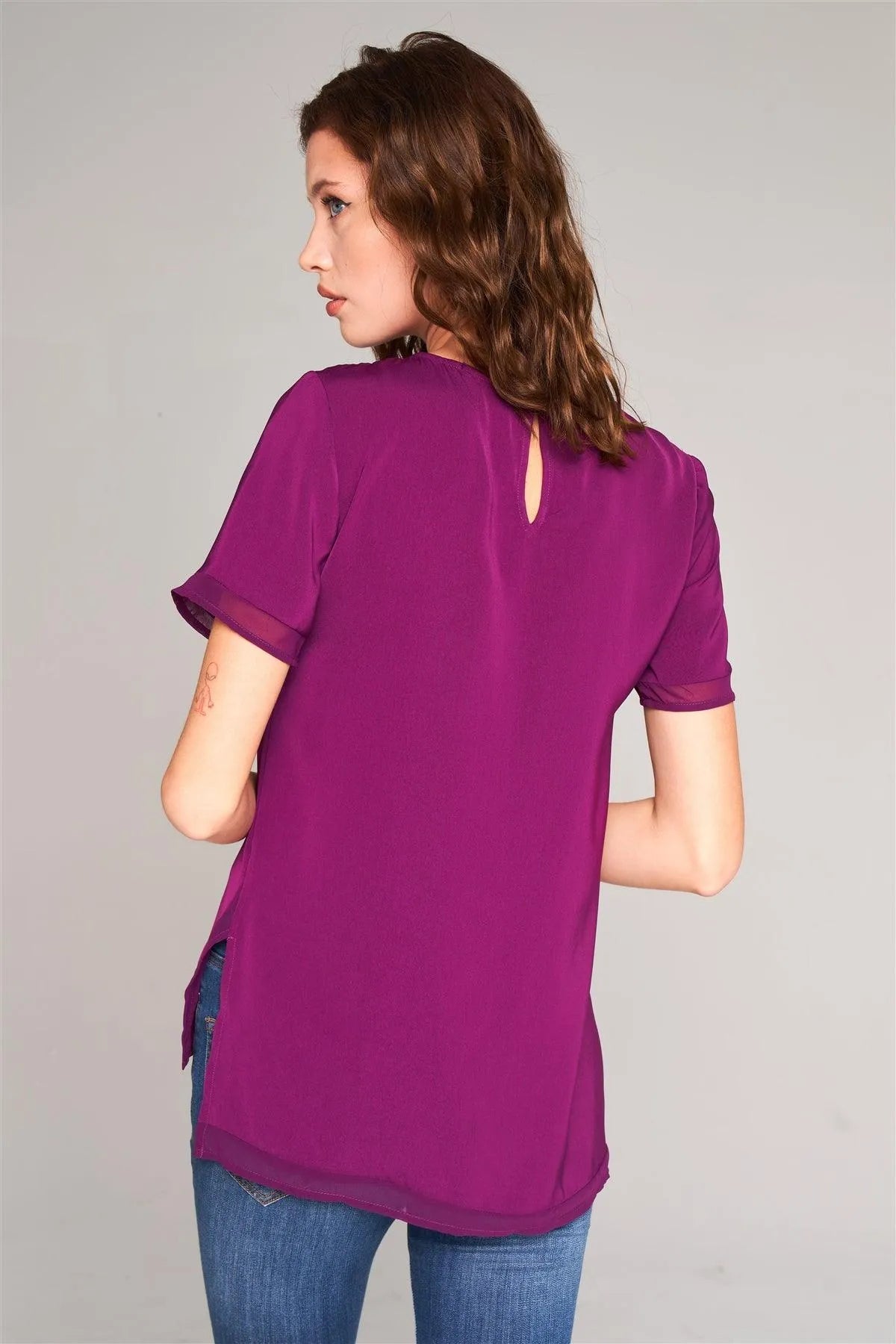 Orchid Short Sleeve Round Neck Loose Fit Two Side Split T-Short Top /2-3-1-1 - Tasha Apparel Wholesale