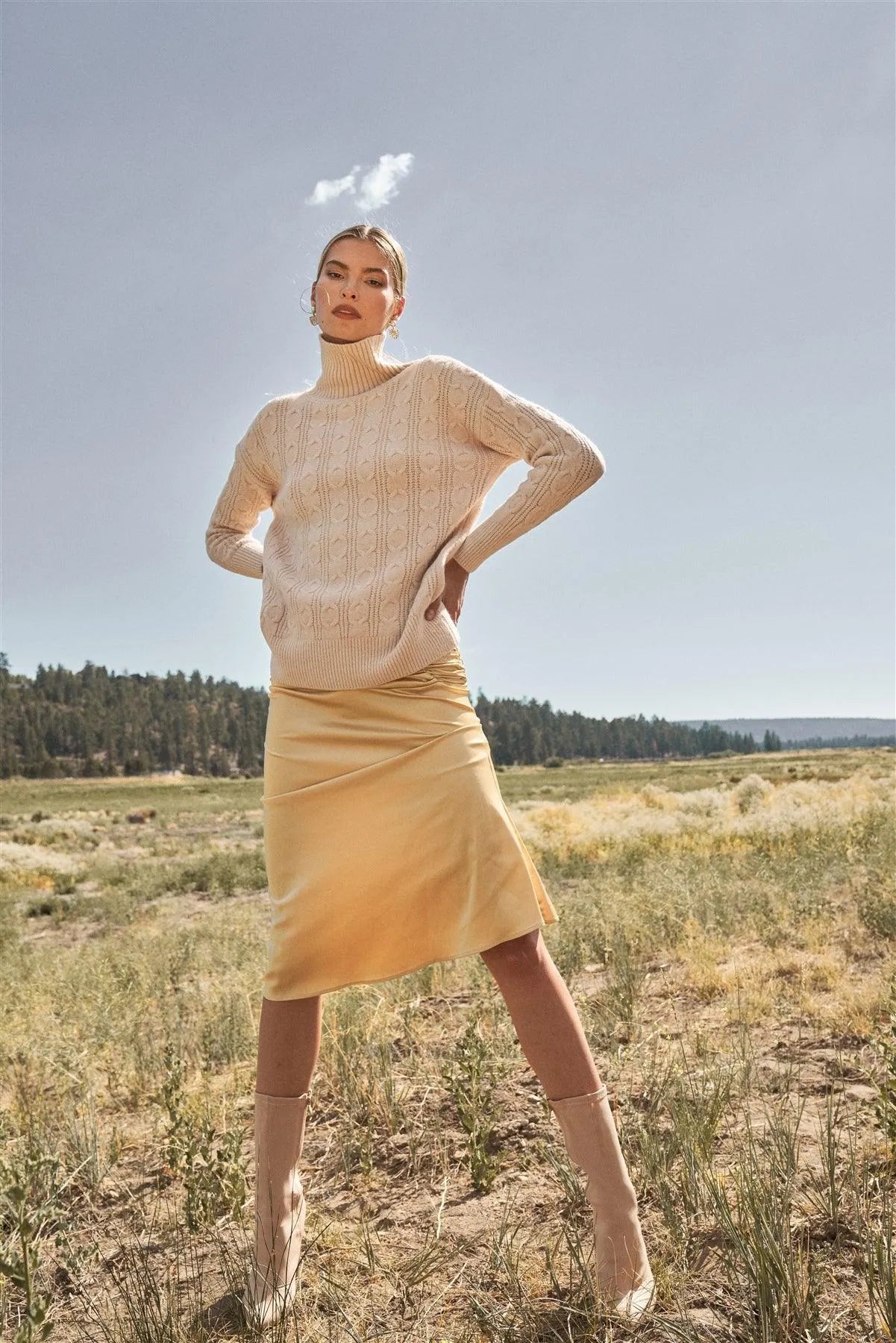 Apricot-Taupe Cable Knit Turtle Neck Long Sleeve Dropped Shoulders Loose Fit Sweater In One Size / 6 Pieces - Tasha Apparel Wholesale