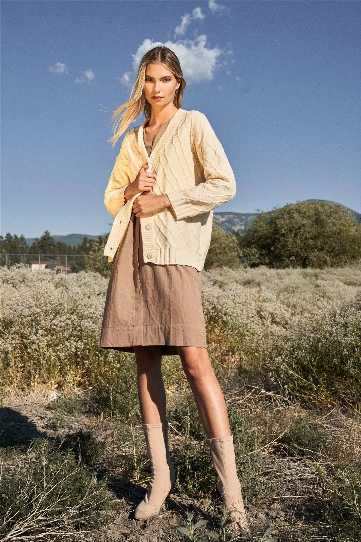 Cream Button-Down Front Edge-To-Edge Cable Knit Sweater Cardigan /ONE SIZE - Tasha Apparel Wholesale