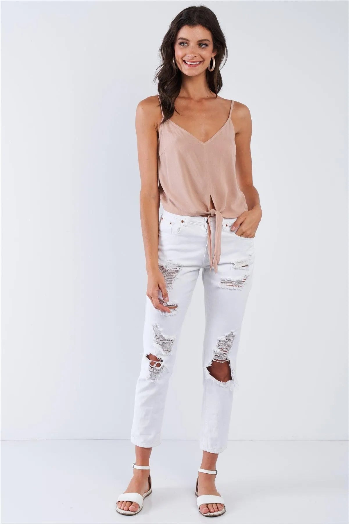 Smoke Taupe Rose Font Tummy Tie V-Neck Cami Crop Top - Tasha Apparel Wholesale