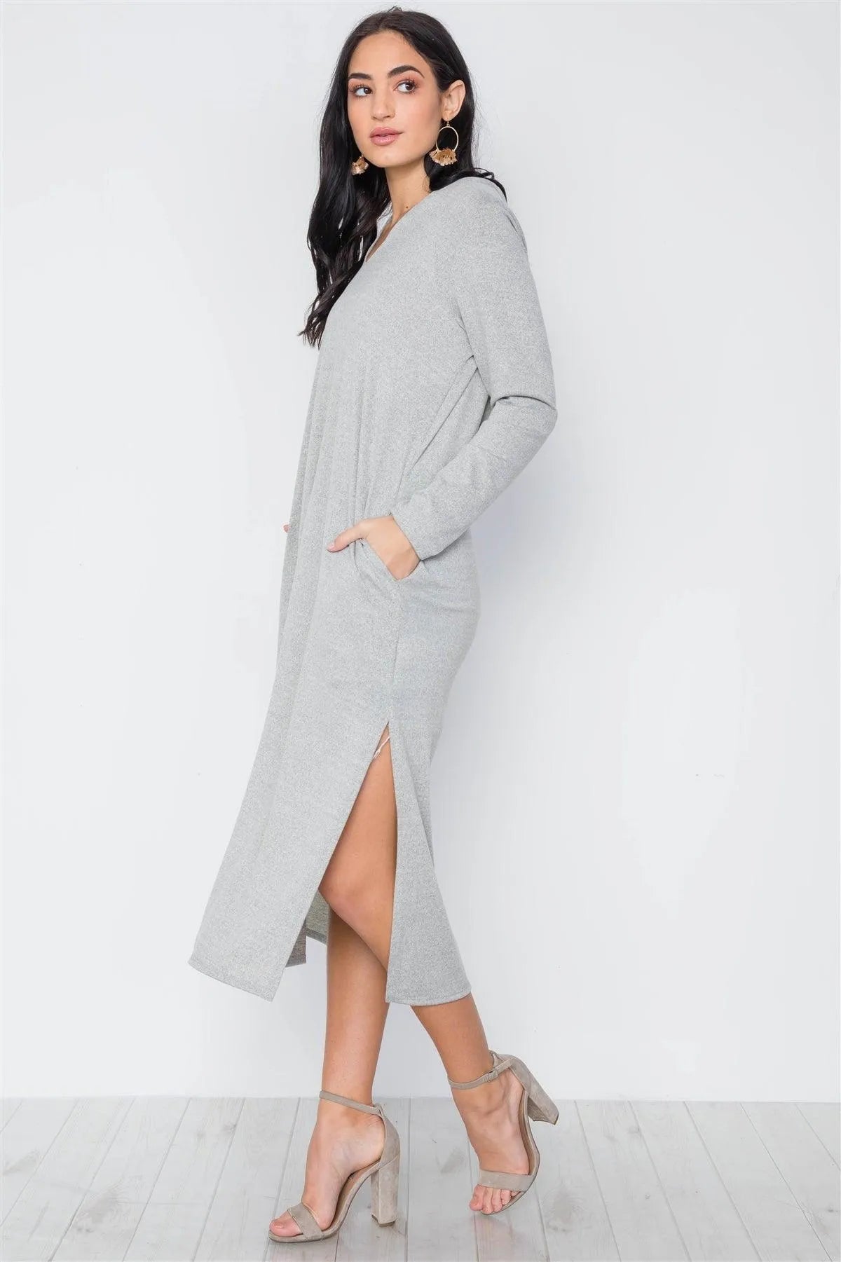 Grey Knit Long Sleeve V-Neck Hooded Midi Sweater Dress /3-2-1 - Tasha Apparel Wholesale