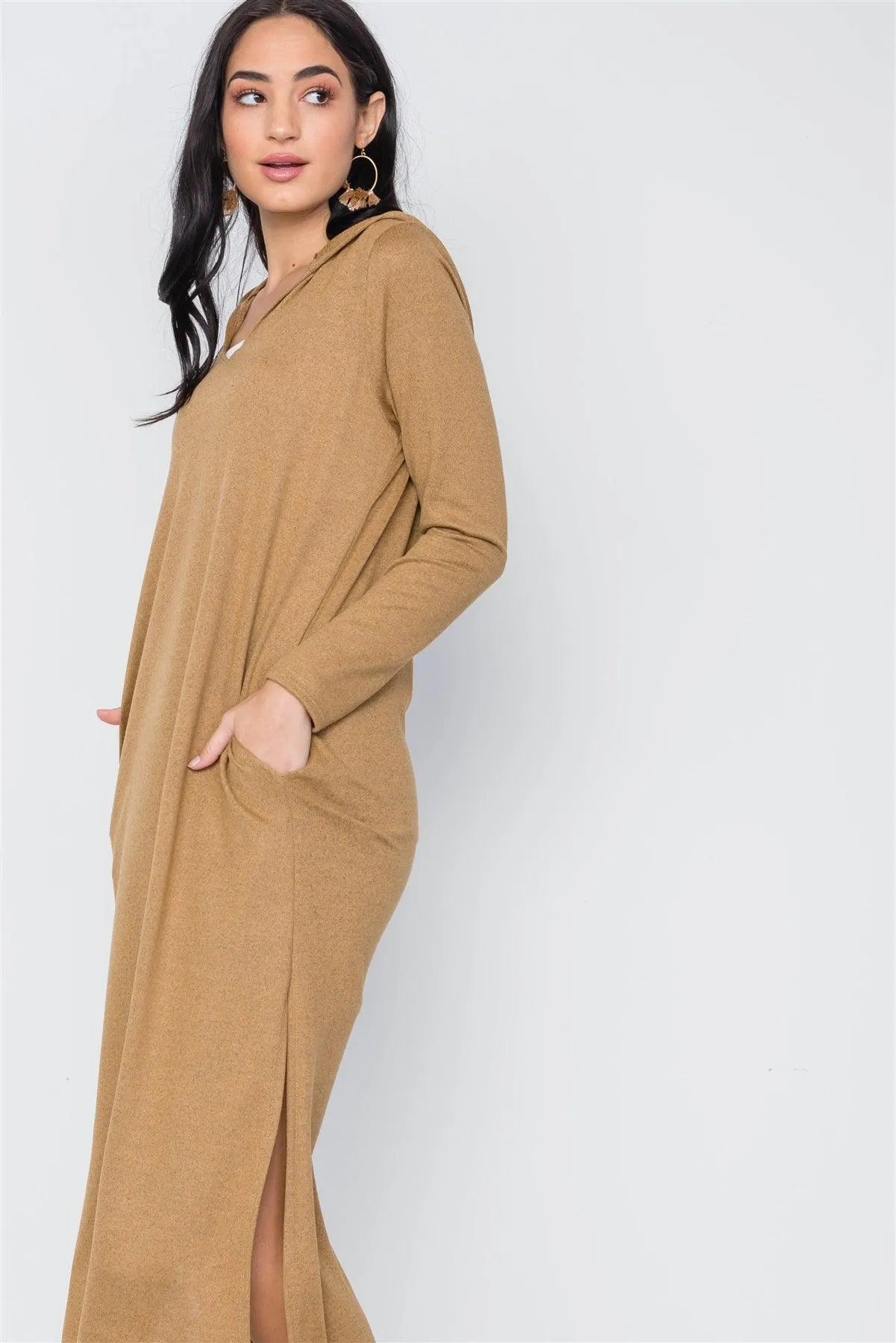 Mustard Knit Long Sleeve V-Neck Hooded Midi Sweater Dress /2-2-1 - Tasha Apparel Wholesale