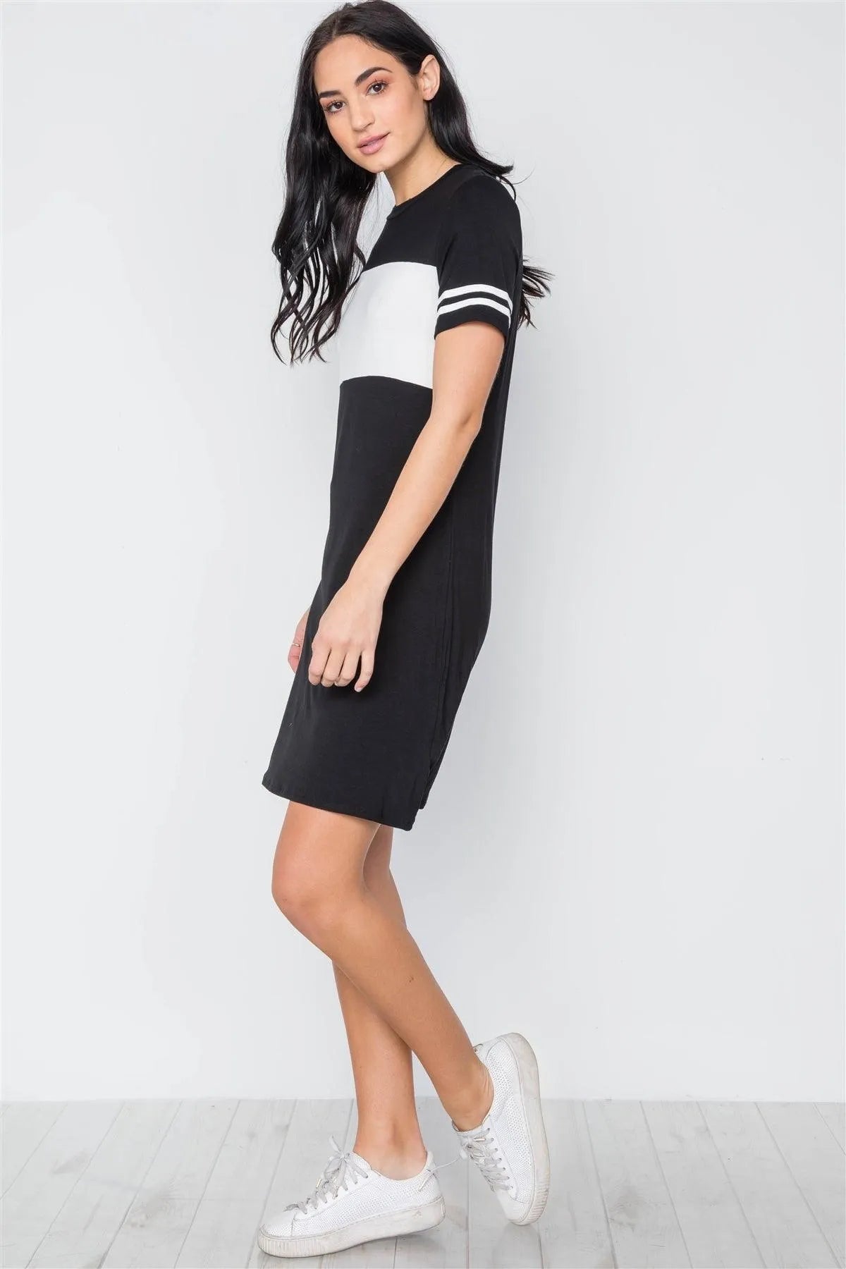 Black Color Block Short Sleeve Sporty Shirt Dress /3-2-1 - Tasha Apparel Wholesale