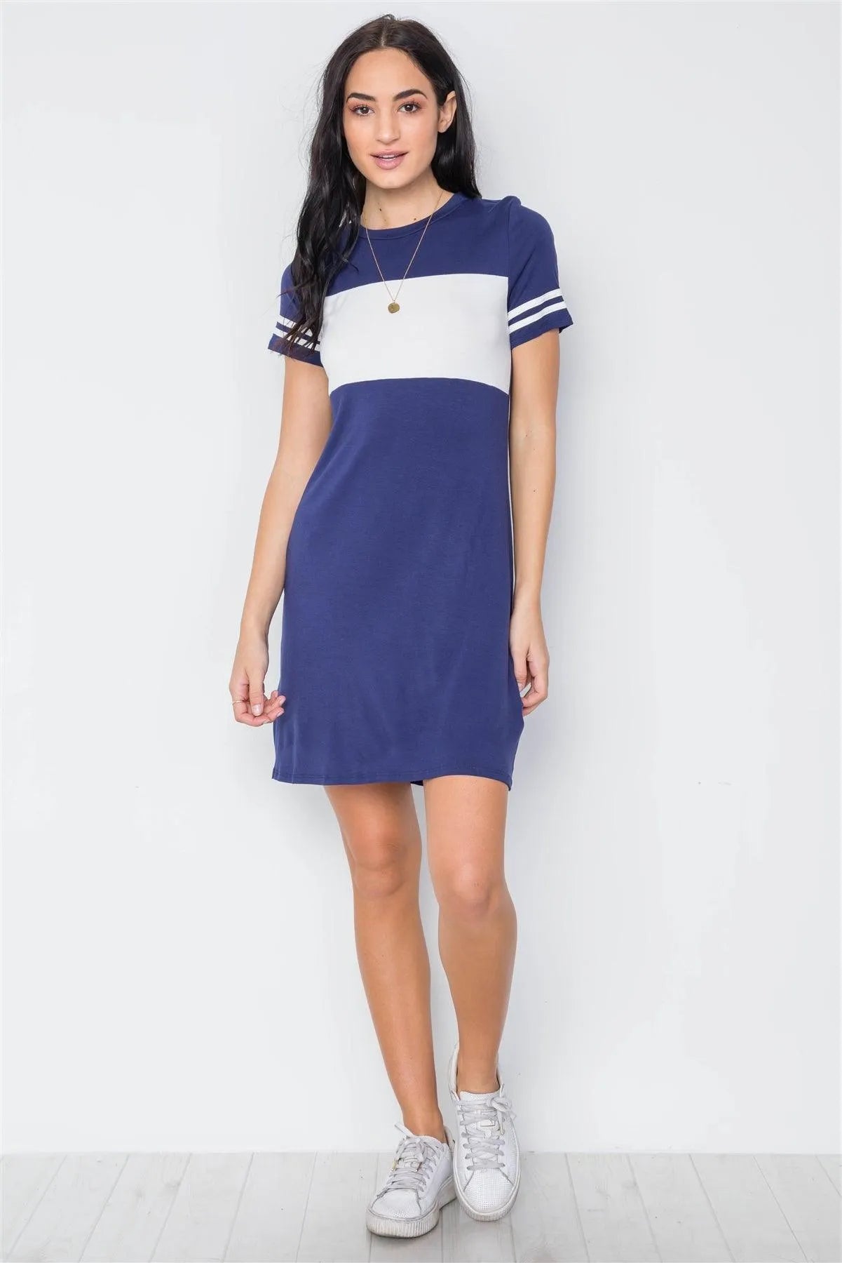 Navy Color Block Short Sleeve Sporty Shirt Dress /3-2-1 - Tasha Apparel Wholesale