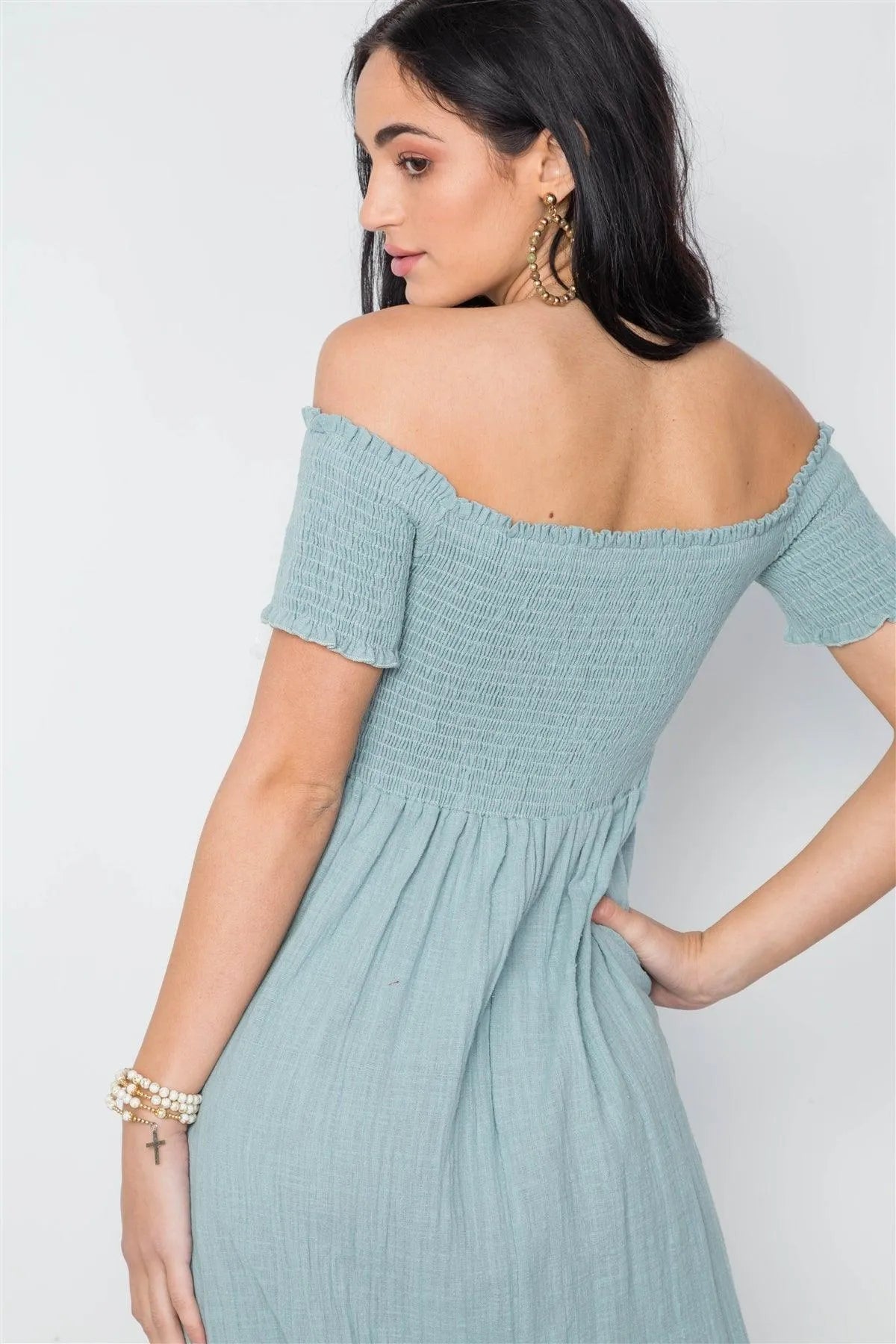 Mint Smoked Off-The Shoulder Short Sleeve Boho Dress /3-2-1 - Tasha Apparel Wholesale