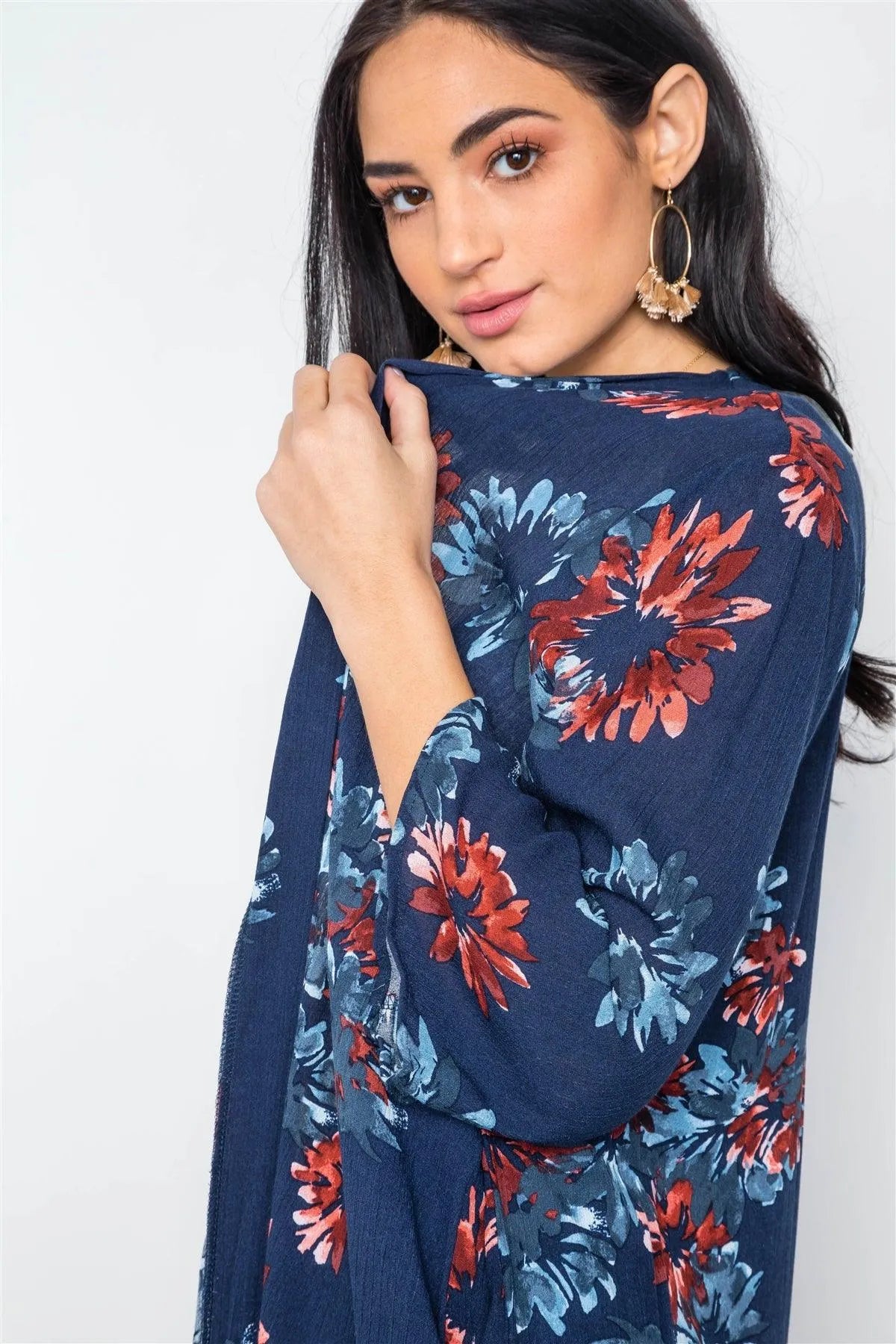 Navy Floral Print Side Pockets Cover Up Kimono /3-2-1 - Tasha Apparel Wholesale