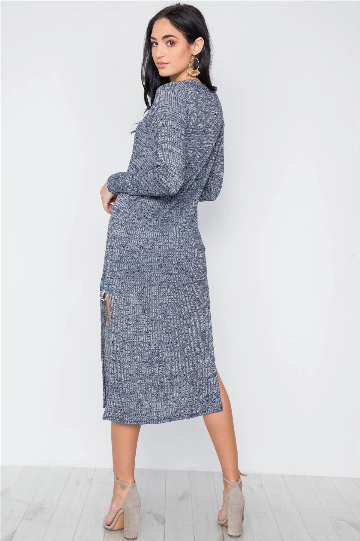 Navy Knit Light Long Sleeve Button Down Midi Cardigan /3-2-1 - Tasha Apparel Wholesale