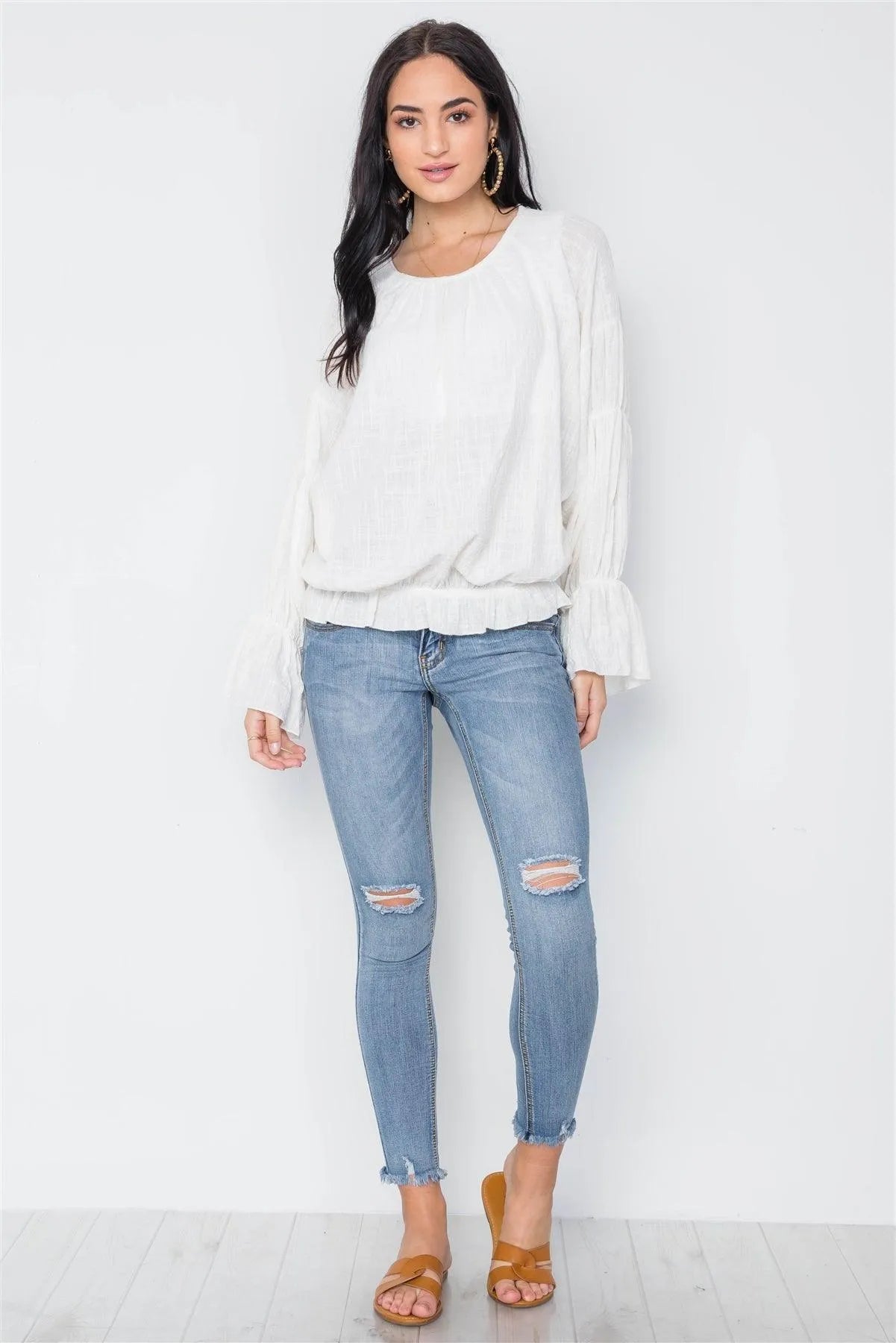Ivory Long Sleeve Ruffle Sleeves Solid Boho Top /3-2-1 - Tasha Apparel Wholesale