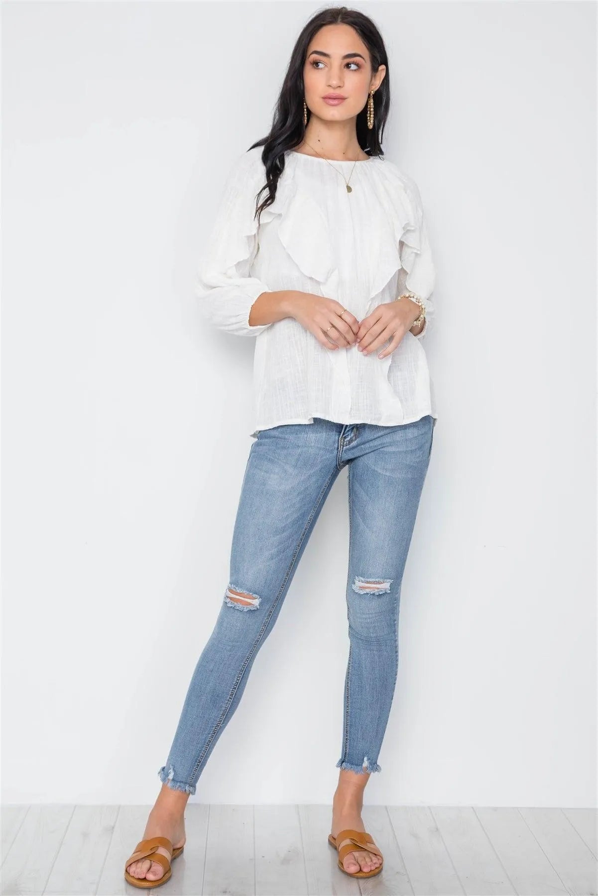 Ivory Solid Ruffle 3/4 Sleeve Boho Top /3-2-1 - Tasha Apparel Wholesale