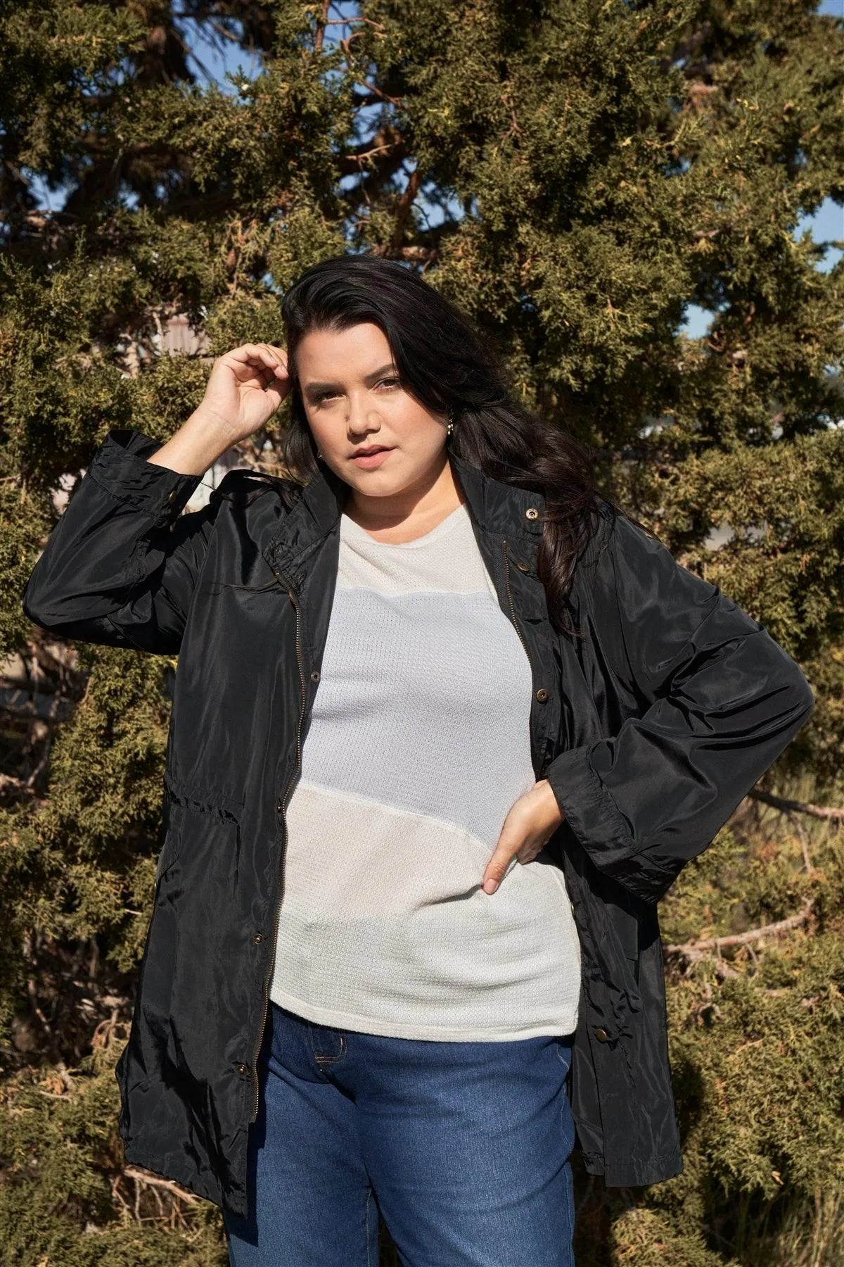 Junior Plus Size Black Glossy Drawstring Hem Button-Down Coach Jacket /2-2-2 - Tasha Apparel Wholesale
