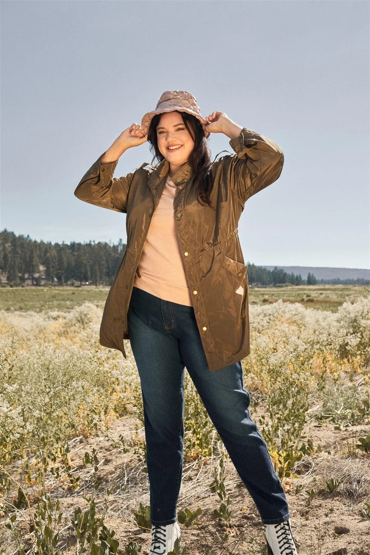 Junior Plus Size Olive Glossy Drawstring Hem Button-Down Coach Jacket /2-2-2 - Tasha Apparel Wholesale
