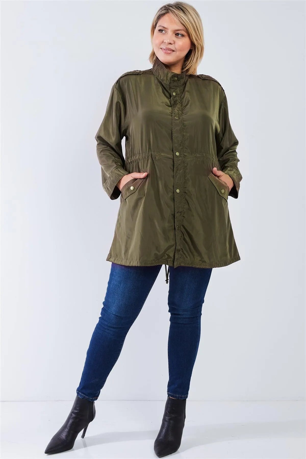 Plus Size Moss Glossy Button-Down Coach Jacket /2-2-2 - Tasha Apparel Wholesale