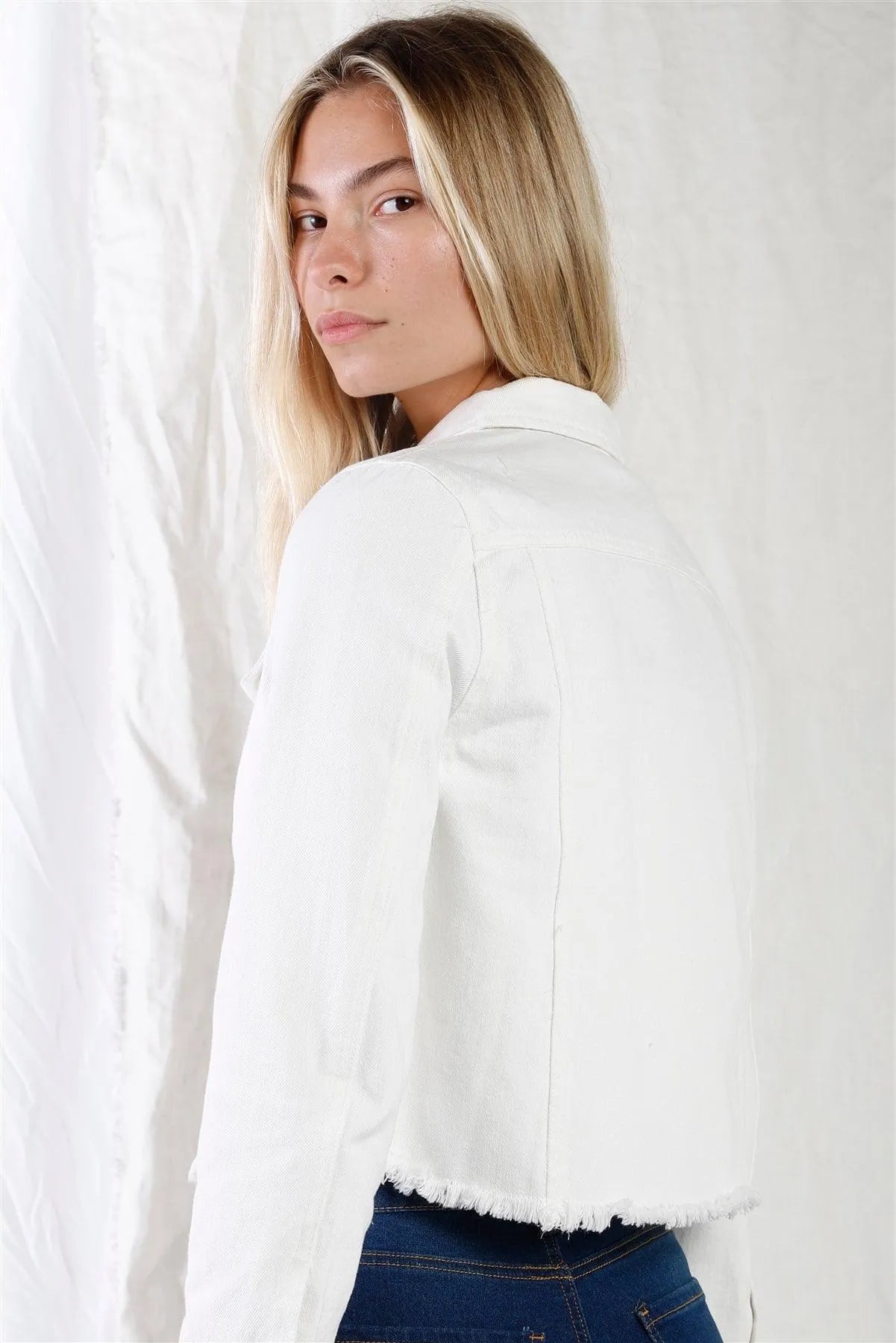 Off-White Cropped Raw Hem Long Sleeve Front Button Down Denim Jacket - Tasha Apparel Wholesale