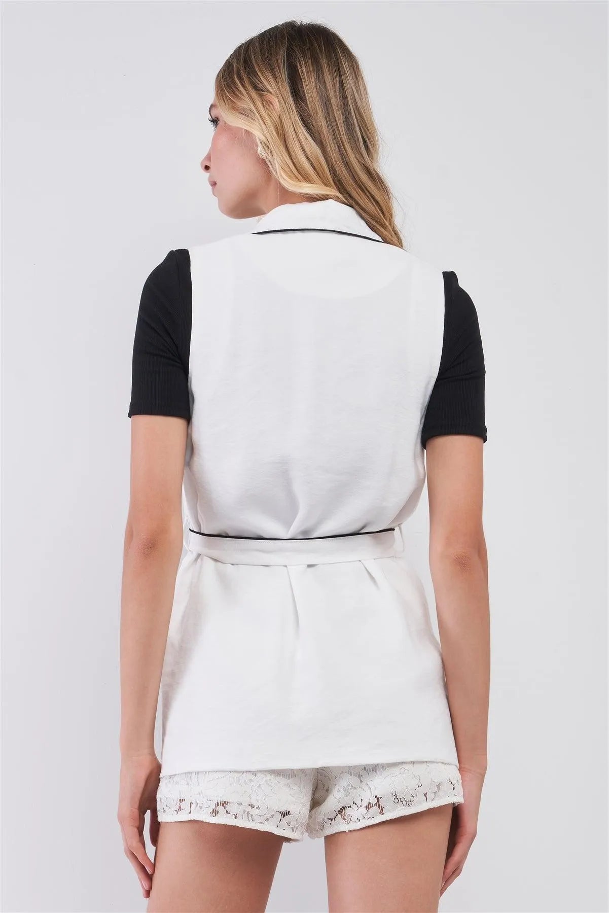 White & Black Sleeveless V-Neck Wrap Front Tie Belt Two Side Pockets Vest /1-2-2-1 - Tasha Apparel Wholesale