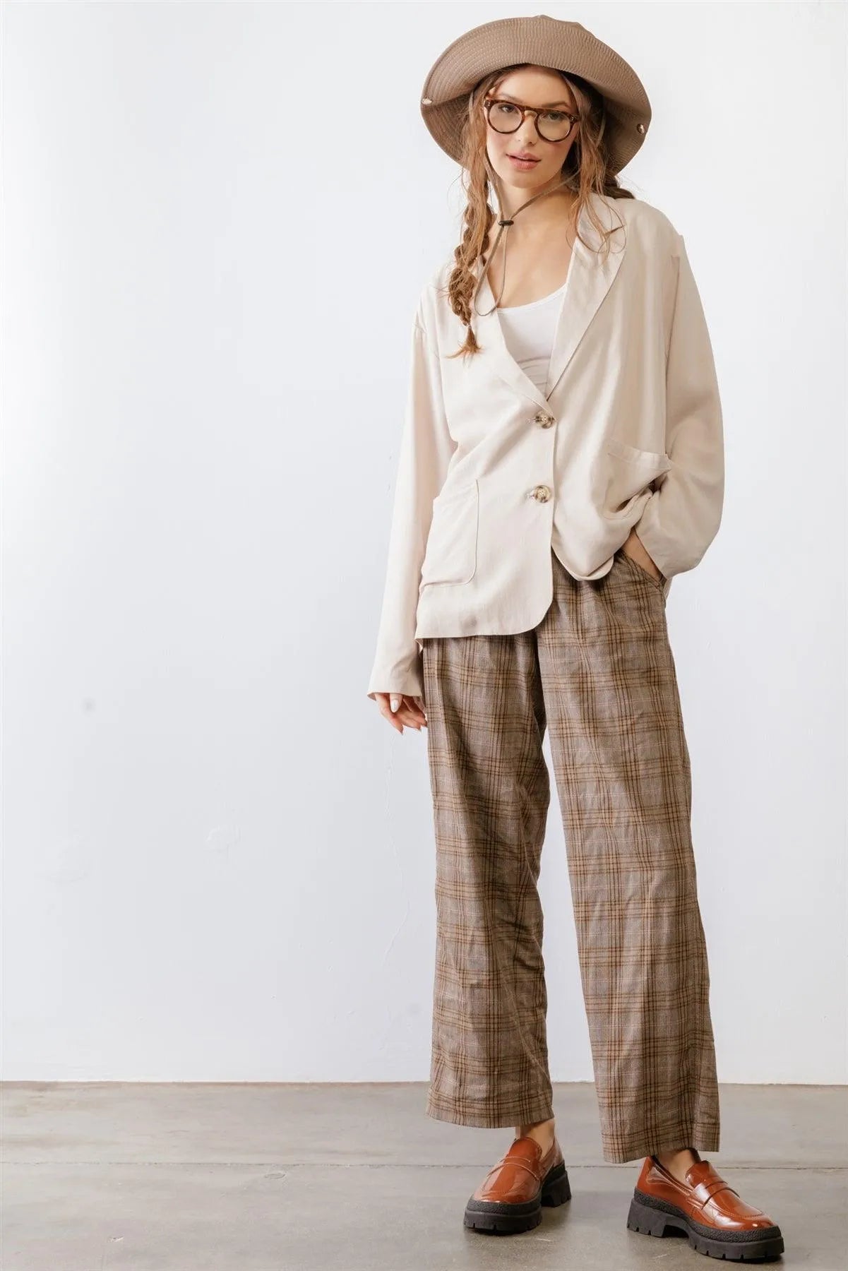 Light Taupe Botton-Up Collared Neck Long Sleeve Blazer /2-2-2 - Tasha Apparel Wholesale