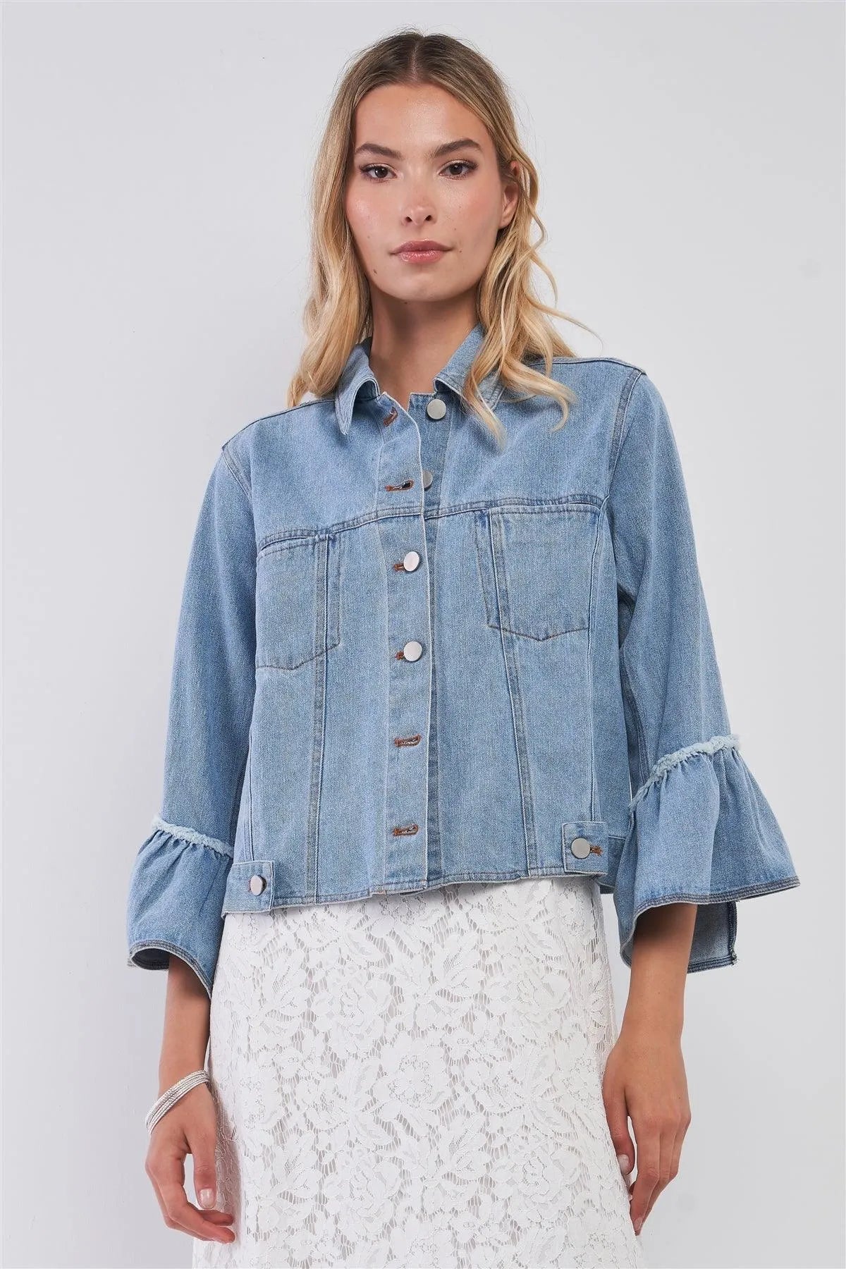 Button Up Ruffle Sleeve Detail Denim Jacket - Tasha Apparel Wholesale