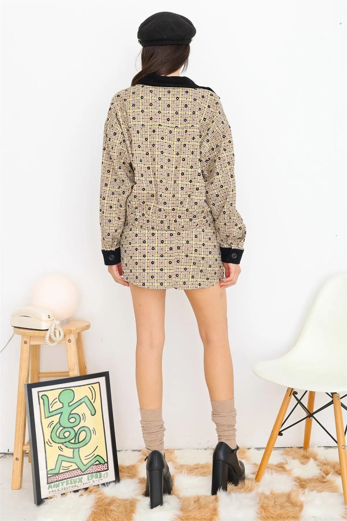 Tan Plaid & Floral Print Button-Up Collared Neck Long Sleeve Jacket & High Waist Two Pocket Mini Skirt Set /1-2-2-1 - Tasha Apparel Wholesale