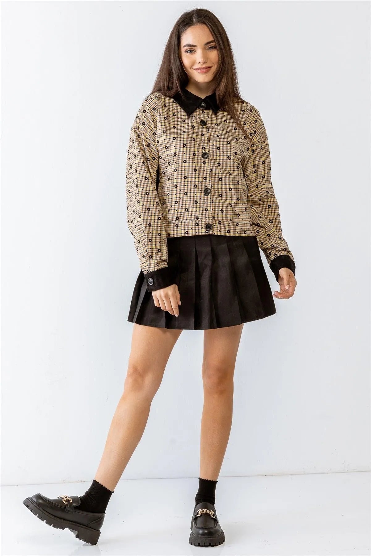 Tan Plaid & Floral Print Button-Up Collared Neck Long Sleeve Jacket /1-2-2-1 - Tasha Apparel Wholesale