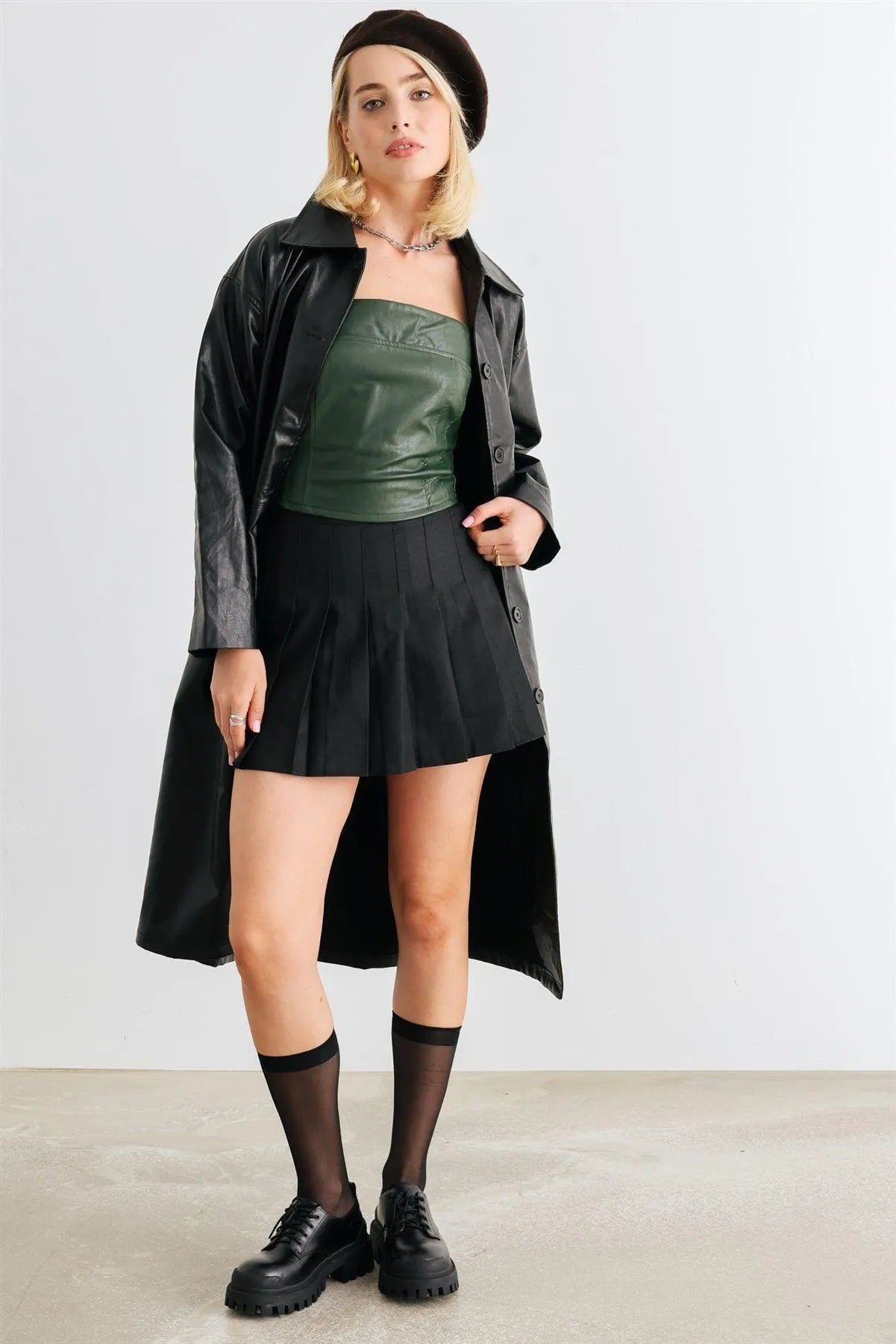 Black Faux Leather Button-Up Two Pocket Coat /1-2-2-1 - Tasha Apparel Wholesale