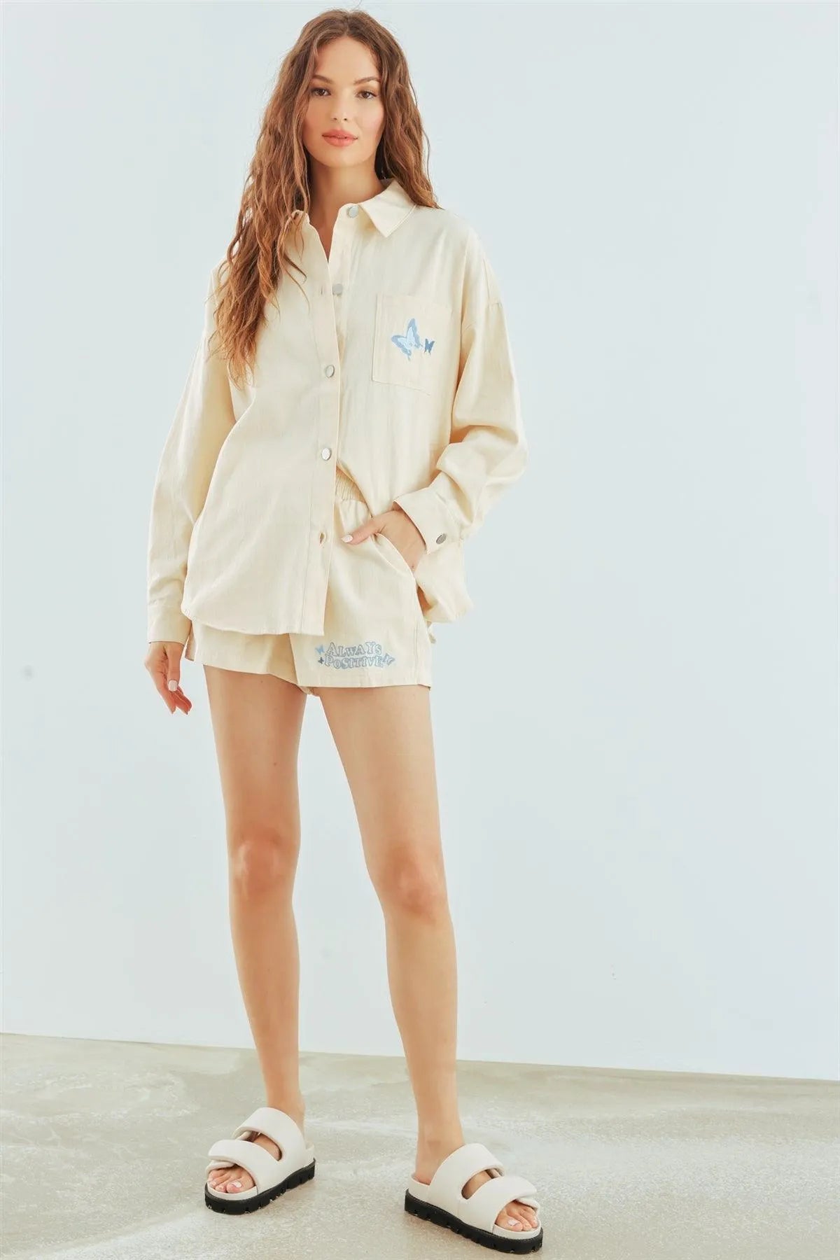 Cream Cotton Button-Up Collared Neck Jacket & High Waist Shorts Set /1-2-2-1 - Tasha Apparel Wholesale