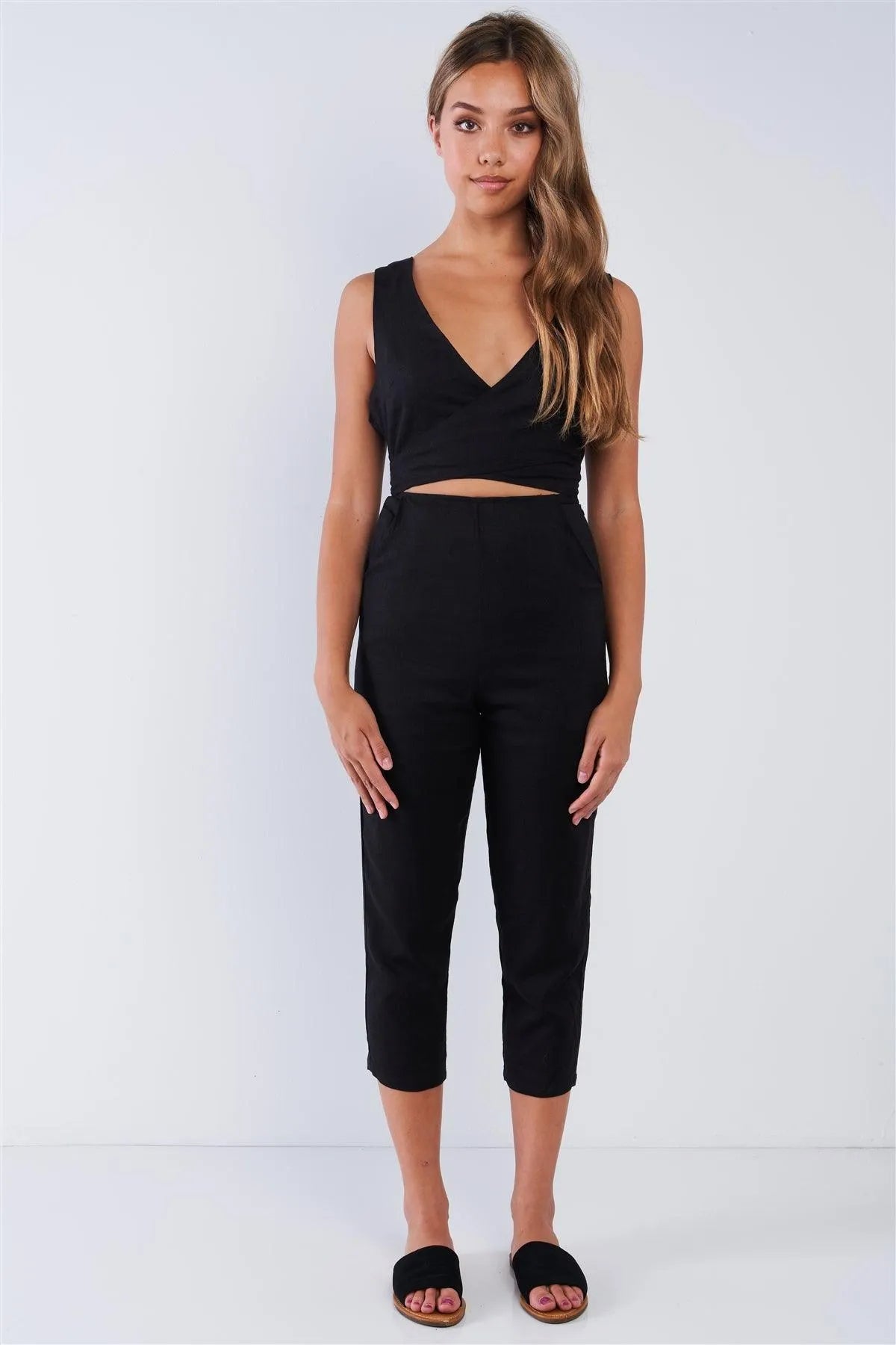 Sleeveless Black Linen Criss Cross Open Back V-Neck Tapered Pant Wrap Waist Jumper - Tasha Apparel Wholesale