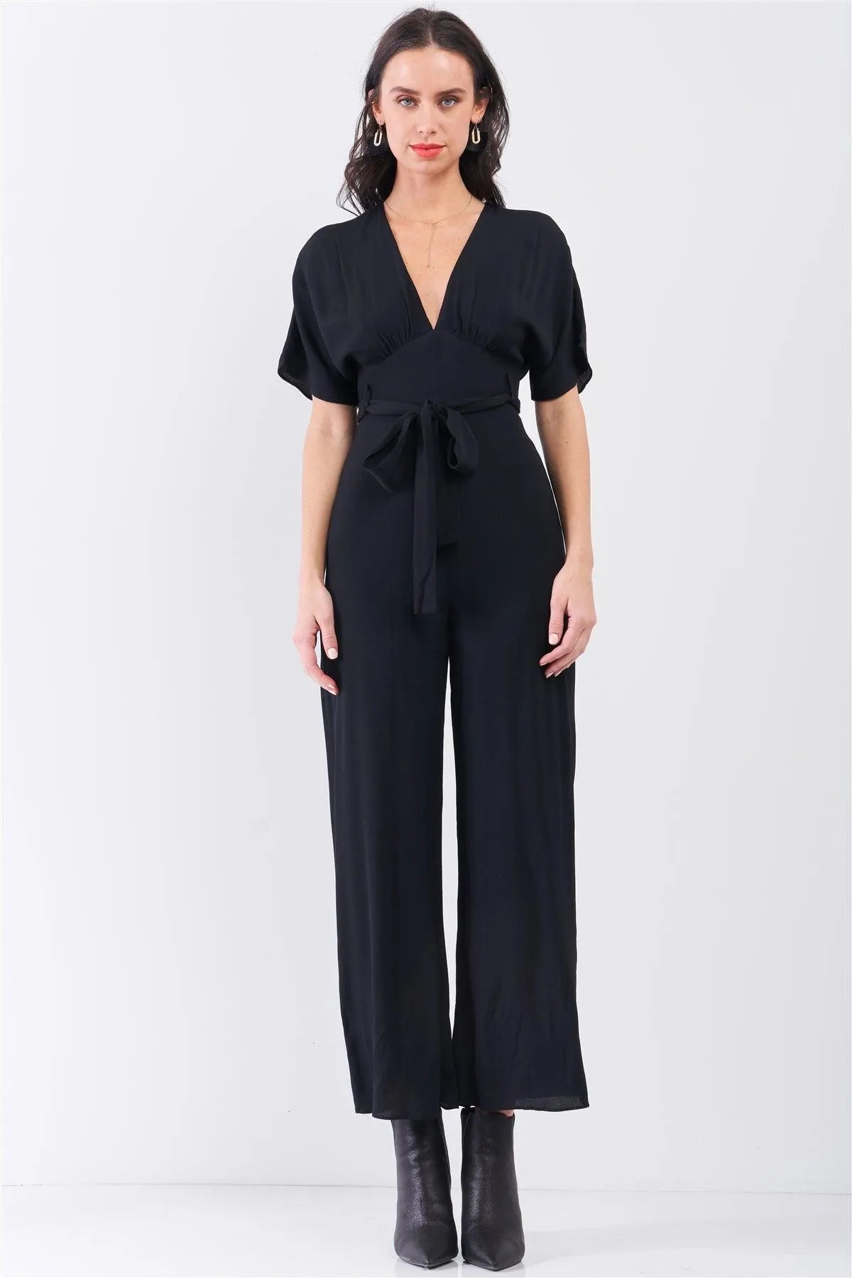Jet Black Solid V-Neck Angel Sleeve Self-Tie Waist Detail Wide Leg Jumpsuit /3-2-1 - Tasha Apparel Wholesale