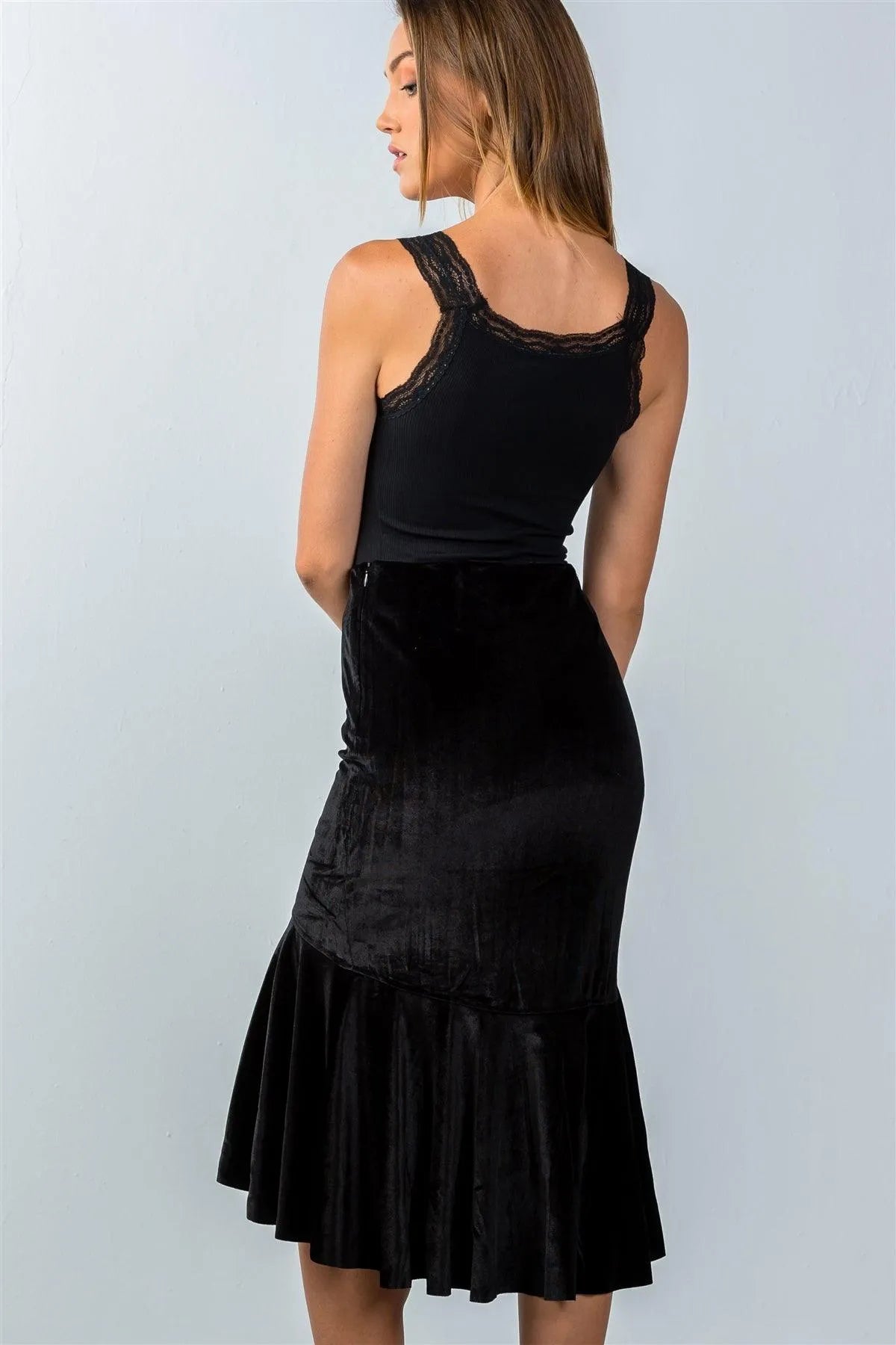 Silky Black Asymmetric Ruffle Hem Skirt /3-1-2 - Tasha Apparel Wholesale