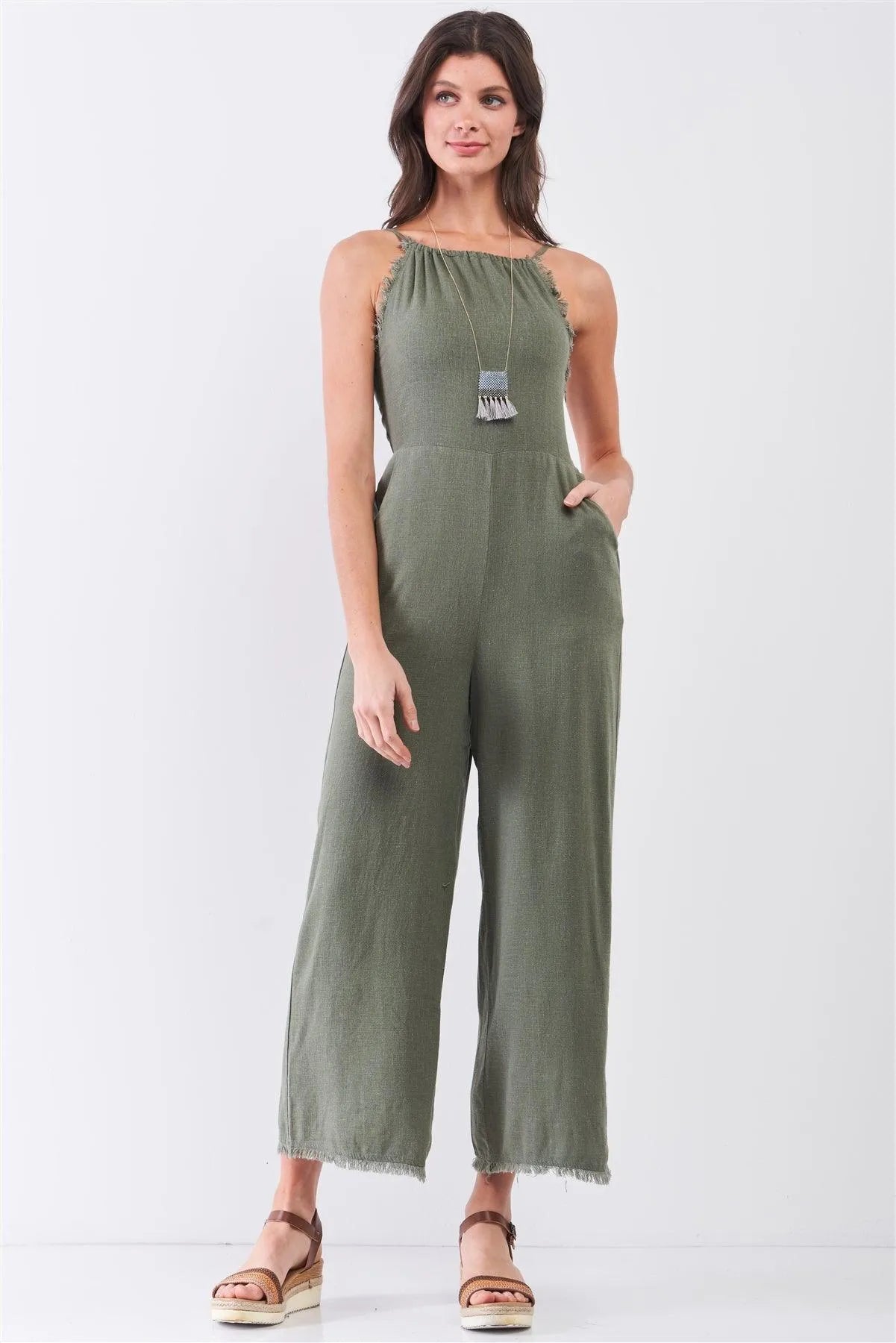 Moss Green Linen Sleeveless Raw Hem Detail Straight Leg Jumpsuit /3-2-1 - Tasha Apparel Wholesale