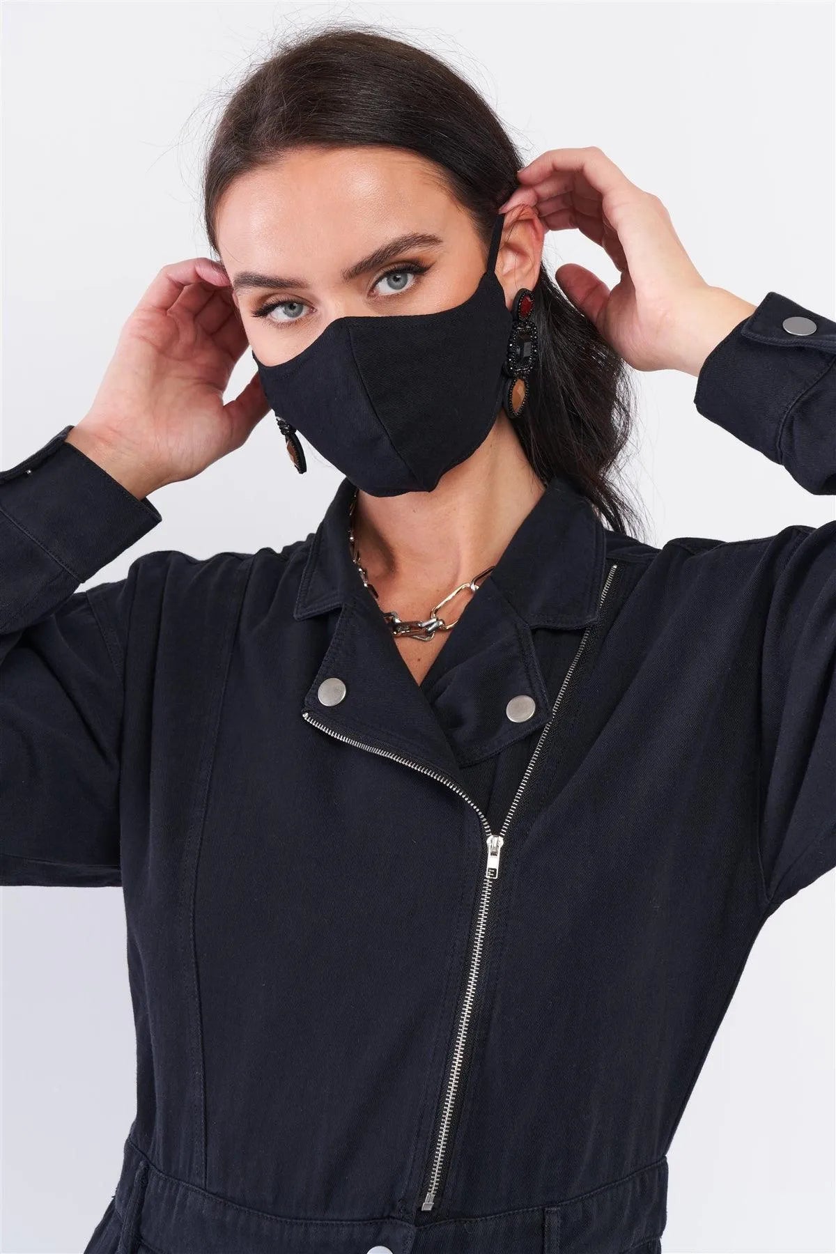 Washed Black Denim Oblique Zip-Up Front Detail Utility Jumpsuit + Black Cloth Mask! /3-2-1 - Tasha Apparel Wholesale