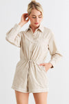 Taupe Cotton Long Sleeve Three Pocket Collared Neck Button-Up Romper /1-2-2-1