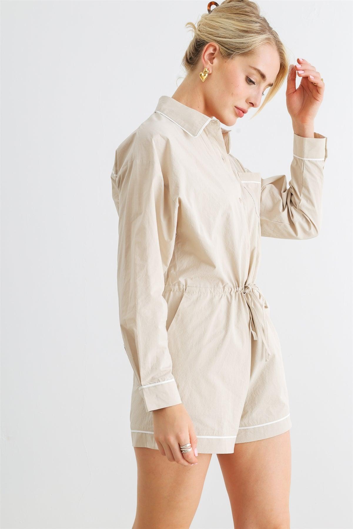 Taupe Cotton Long Sleeve Three Pocket Collared Neck Button-Up Romper /1-2-2-1