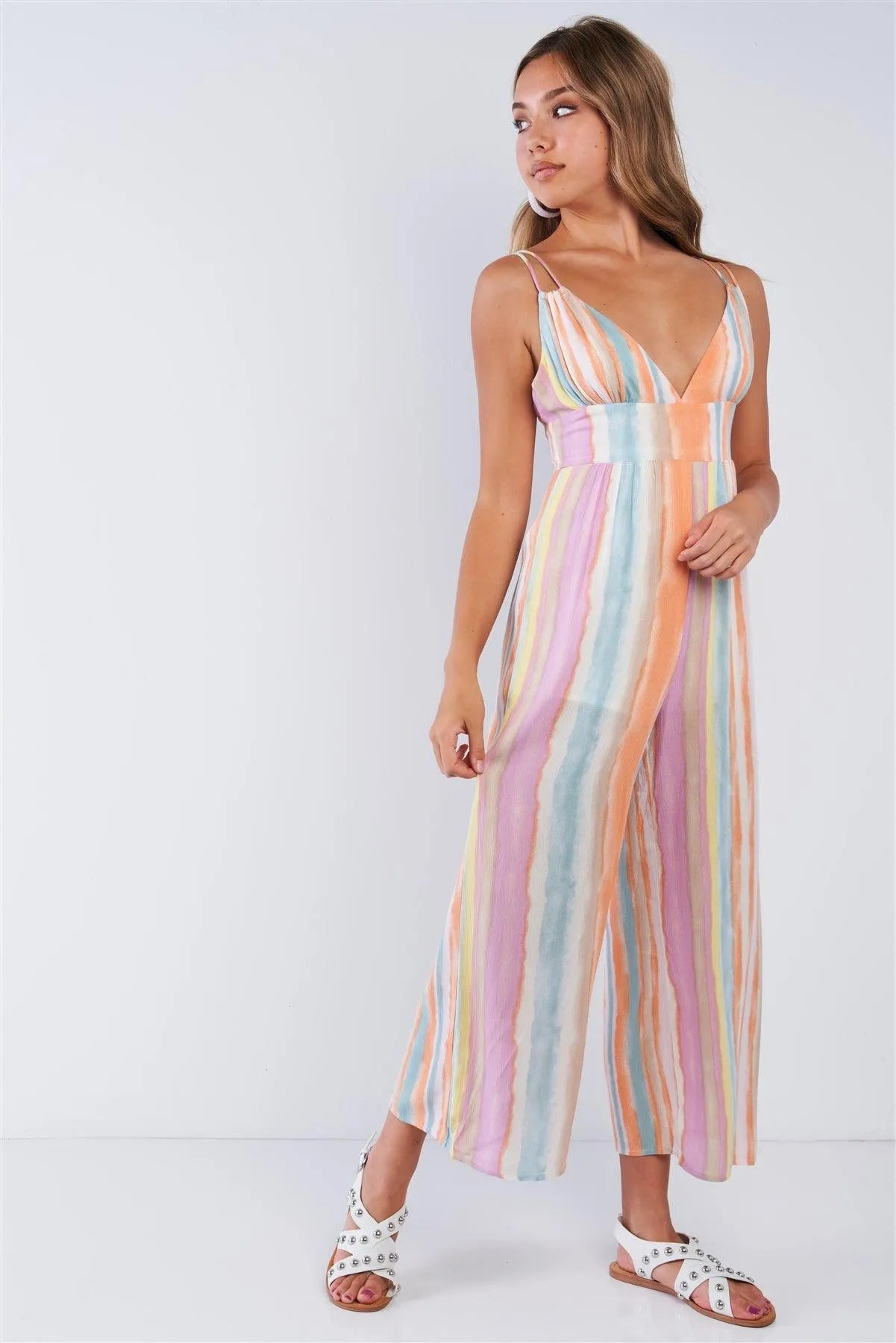 Multi-colored Striped Cami Strapped Wide Leg Jumpsuit - Tasha Apparel Wholesale
