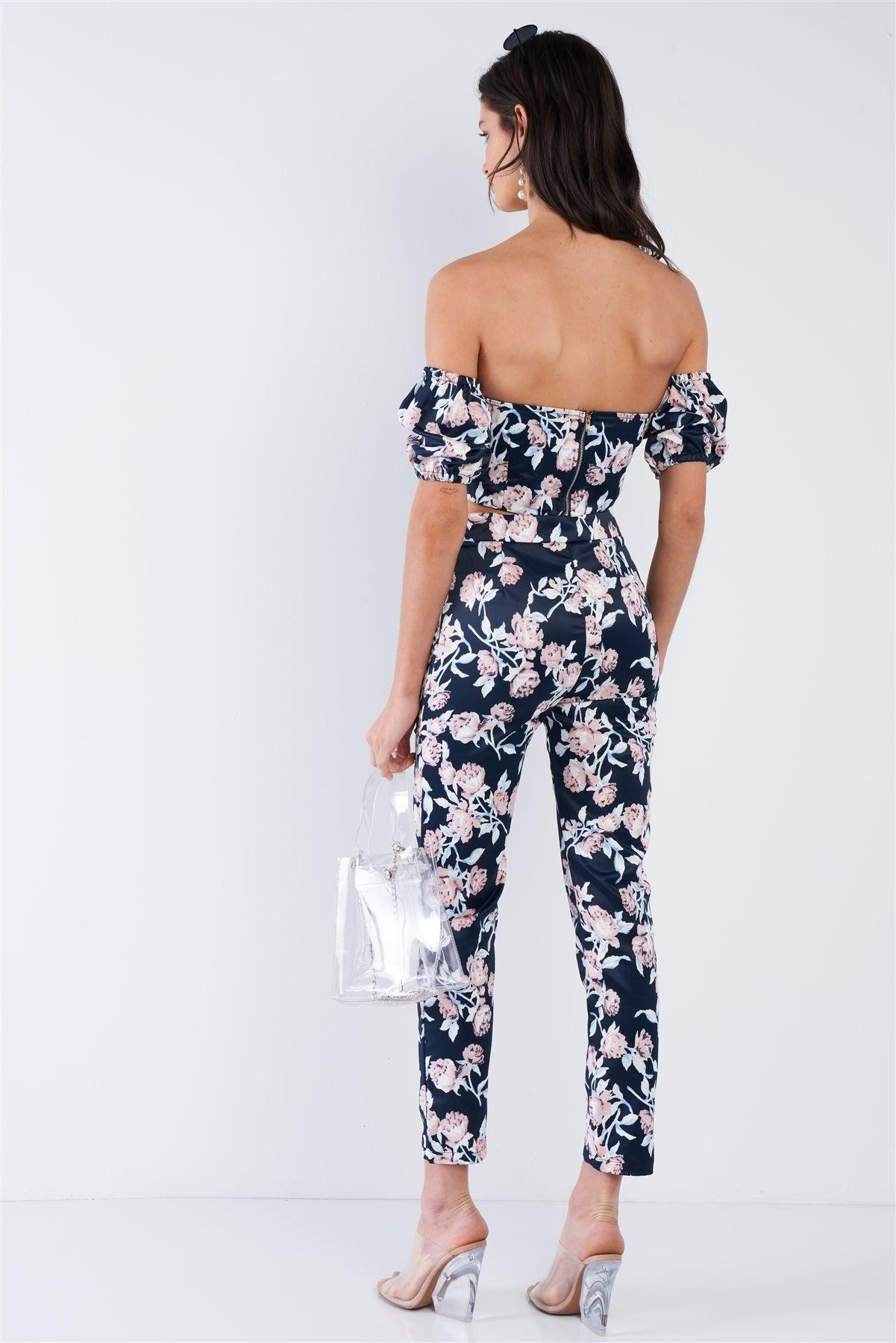 Ensign Blue Mixed Floral Off The Shoulder Lace Up Crop Top & High Waist Ankle Length Pant Set