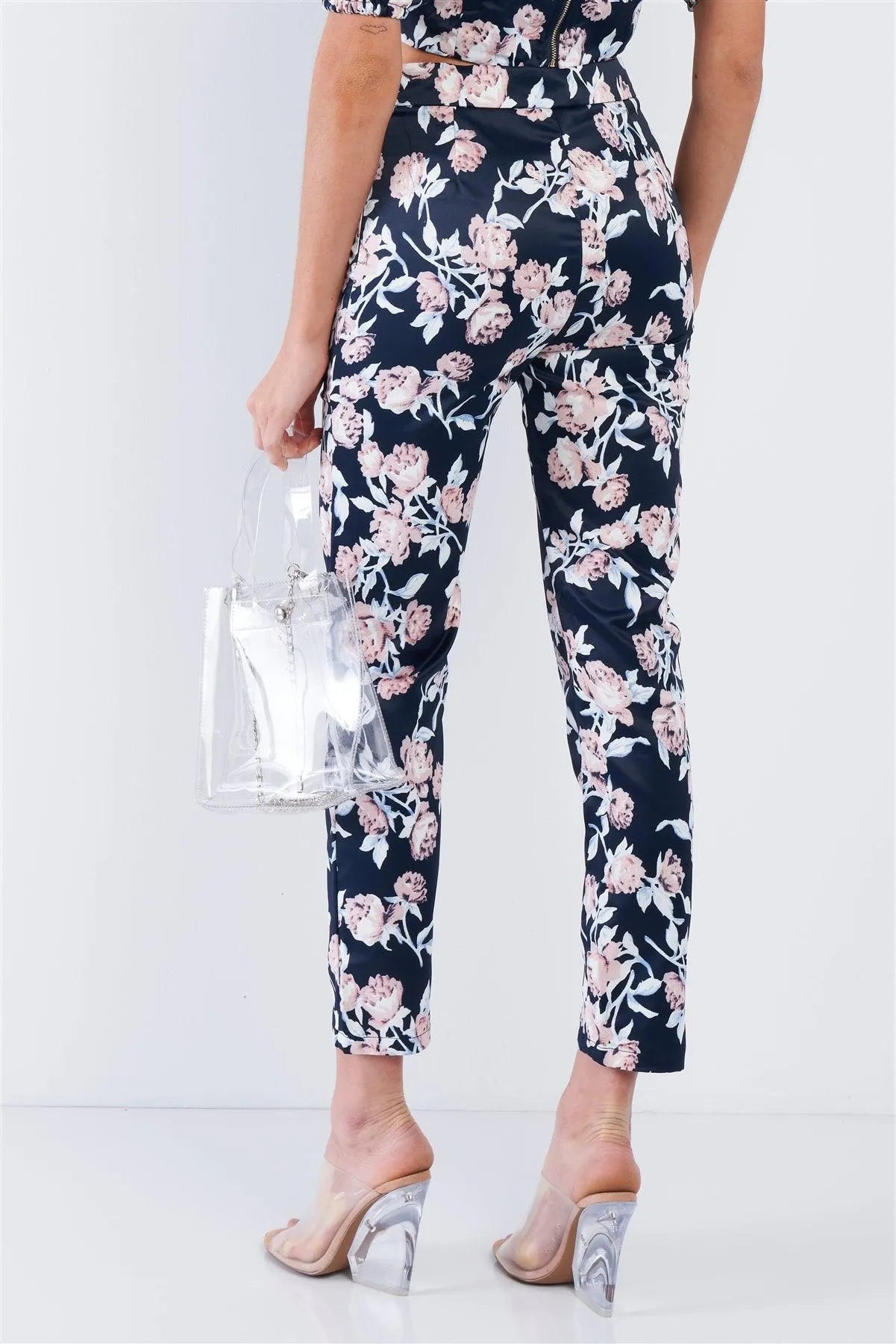 Ensign Blue Mixed Floral Off The Shoulder Lace Up Crop Top & High Waist Ankle Length Pant Set - Tasha Apparel Wholesale