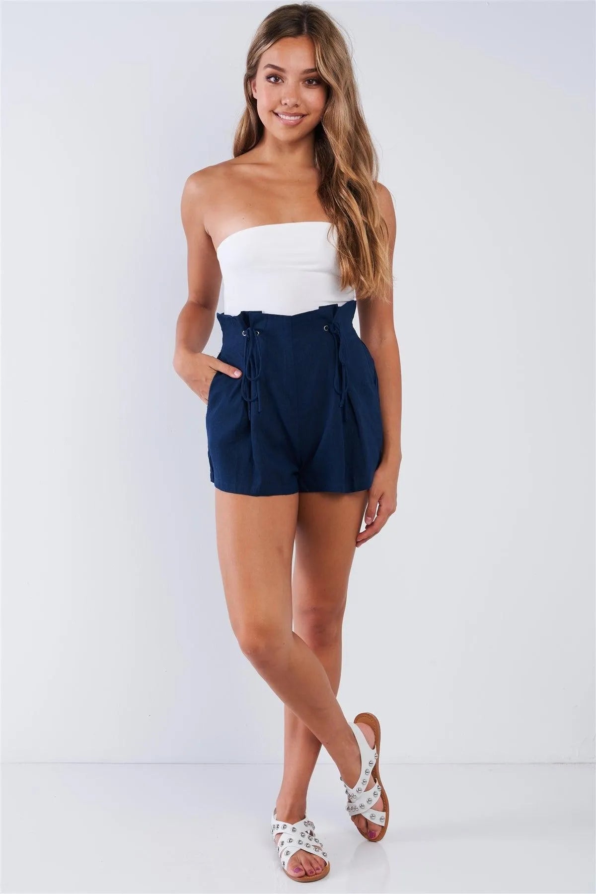 Indigo High Waisted Self Tie Cinched Shorts - Tasha Apparel Wholesale