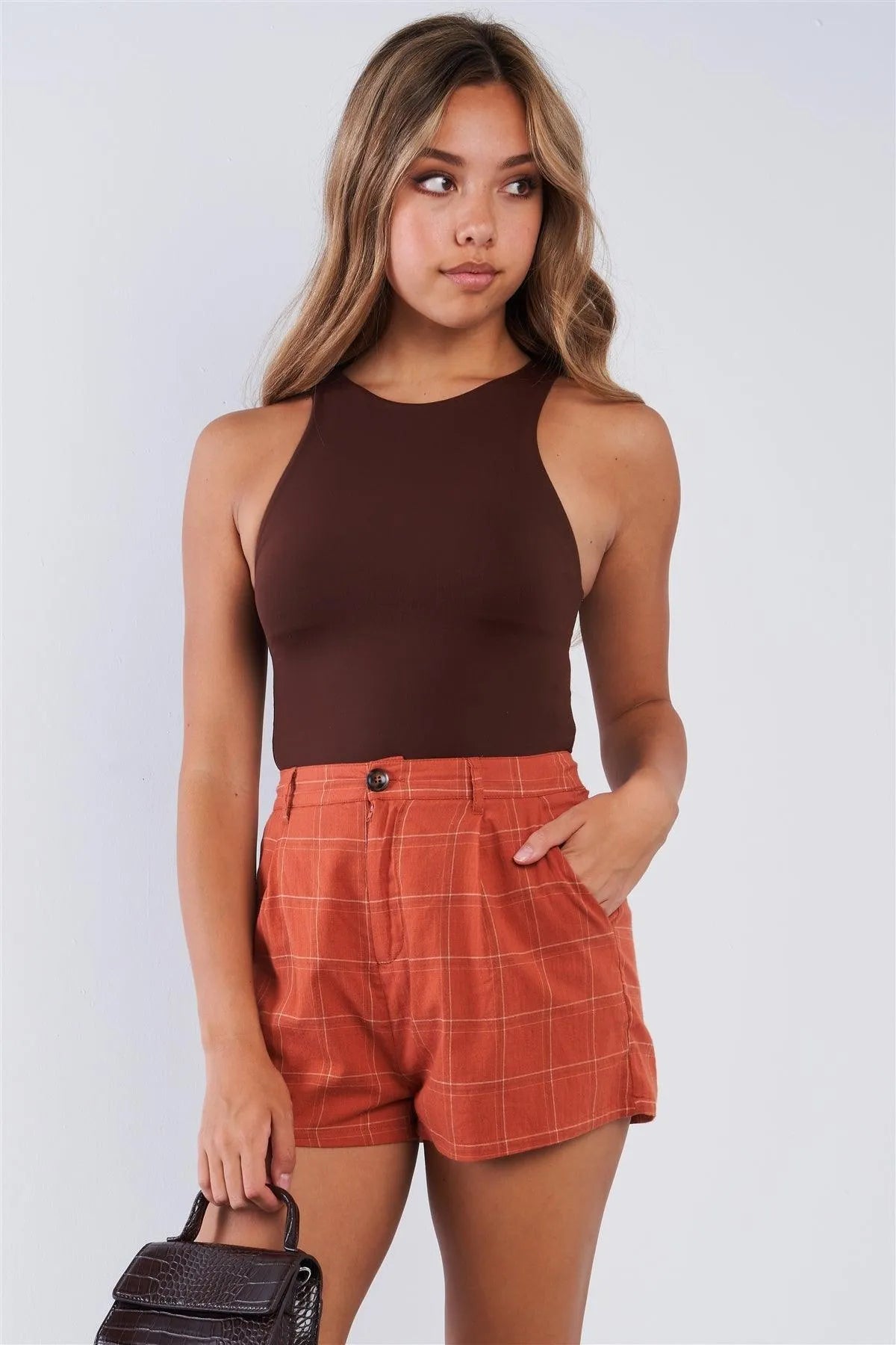 Rust High Waisted Plaid Relaxed Fit Mini Shorts /3-2-1 - Tasha Apparel Wholesale