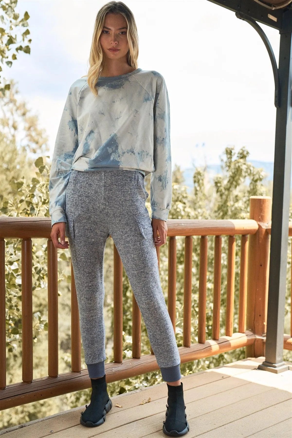 Navy High Waist Cargo Pocket Detail Fuzzy Jogger Sweat Pants /2-2-1 - Tasha Apparel Wholesale