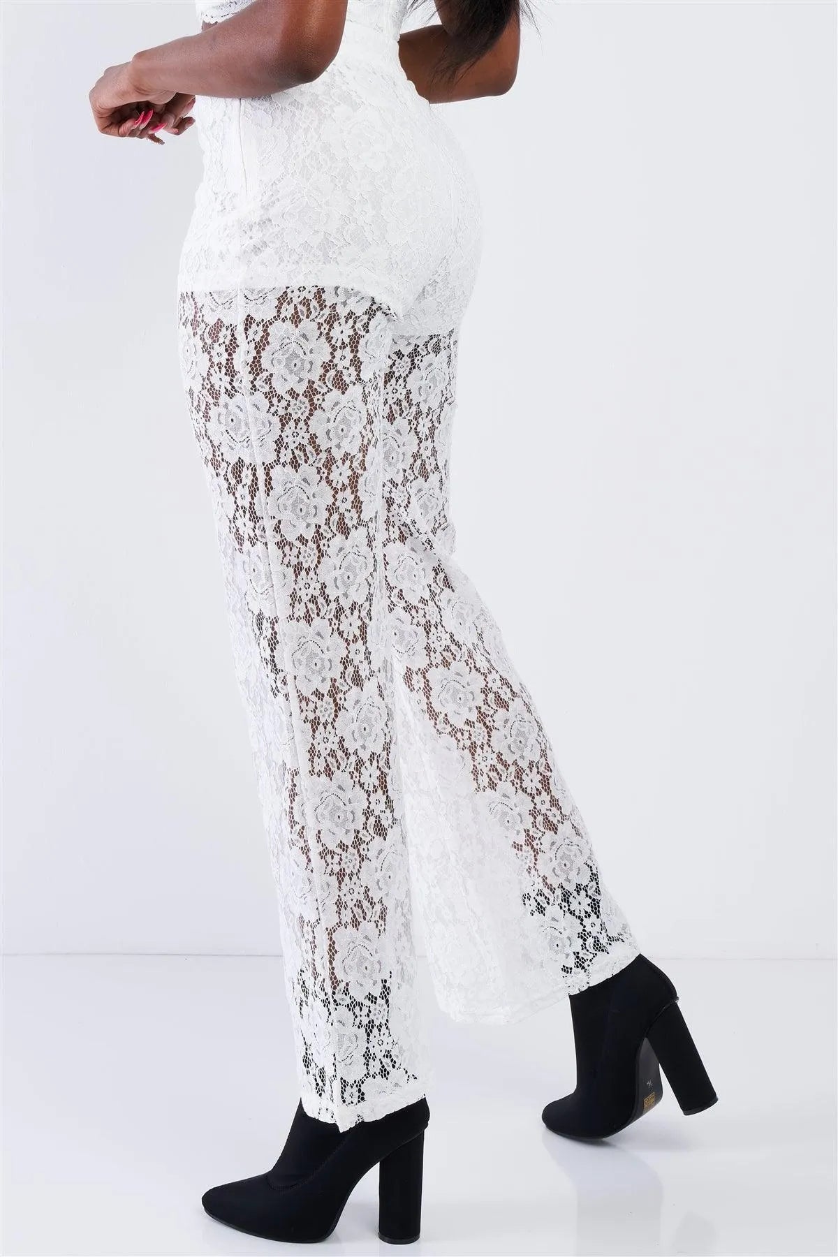Off-White Floral Lace Bandeau & Flare High Waist Boho Pant Set /2-2-2 - Tasha Apparel Wholesale