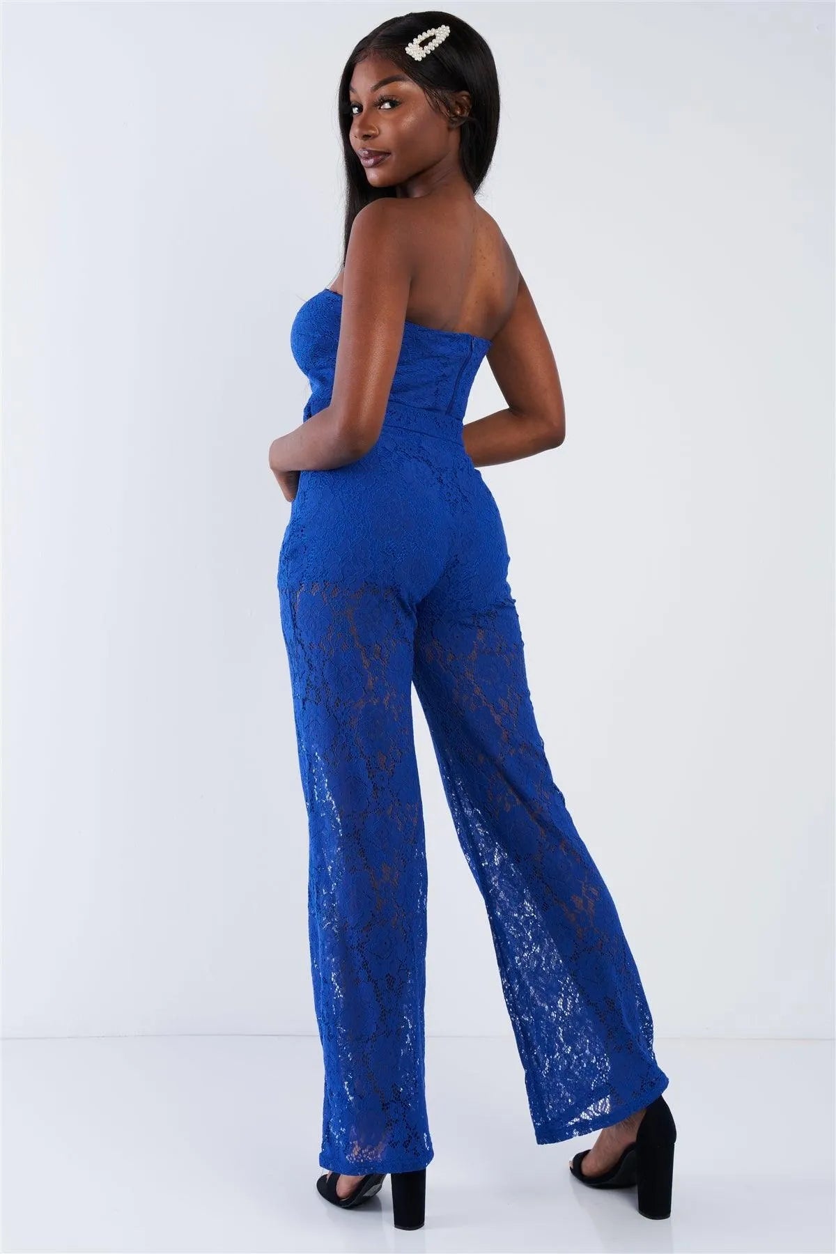 Royal Blue Floral Lace Bandeau & Flare High Waist Boho Pant Set /2-2-2 - Tasha Apparel Wholesale