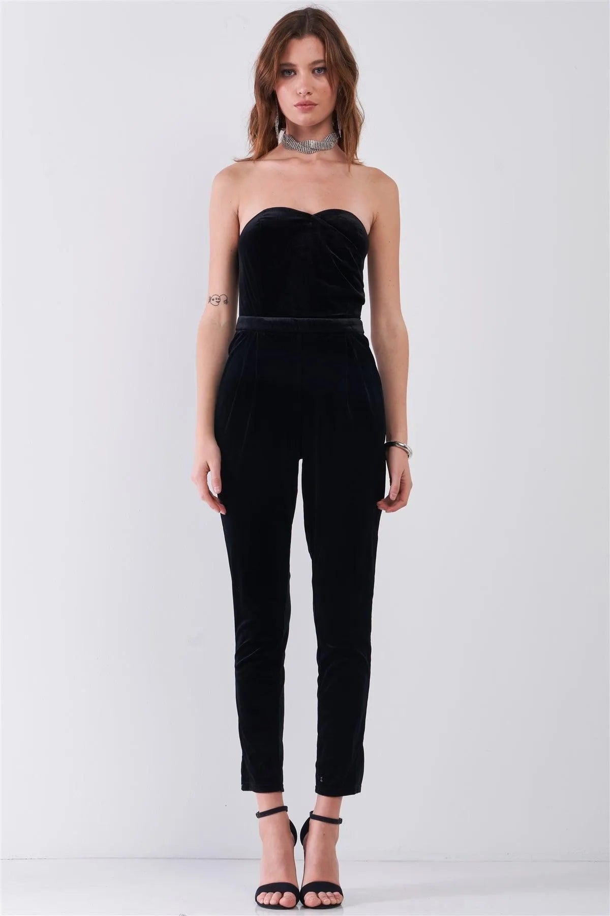Black Velvet Strapless Sweetheart Neck Wrap Skinny Jumpsuit /1-1-2-1 - Tasha Apparel Wholesale