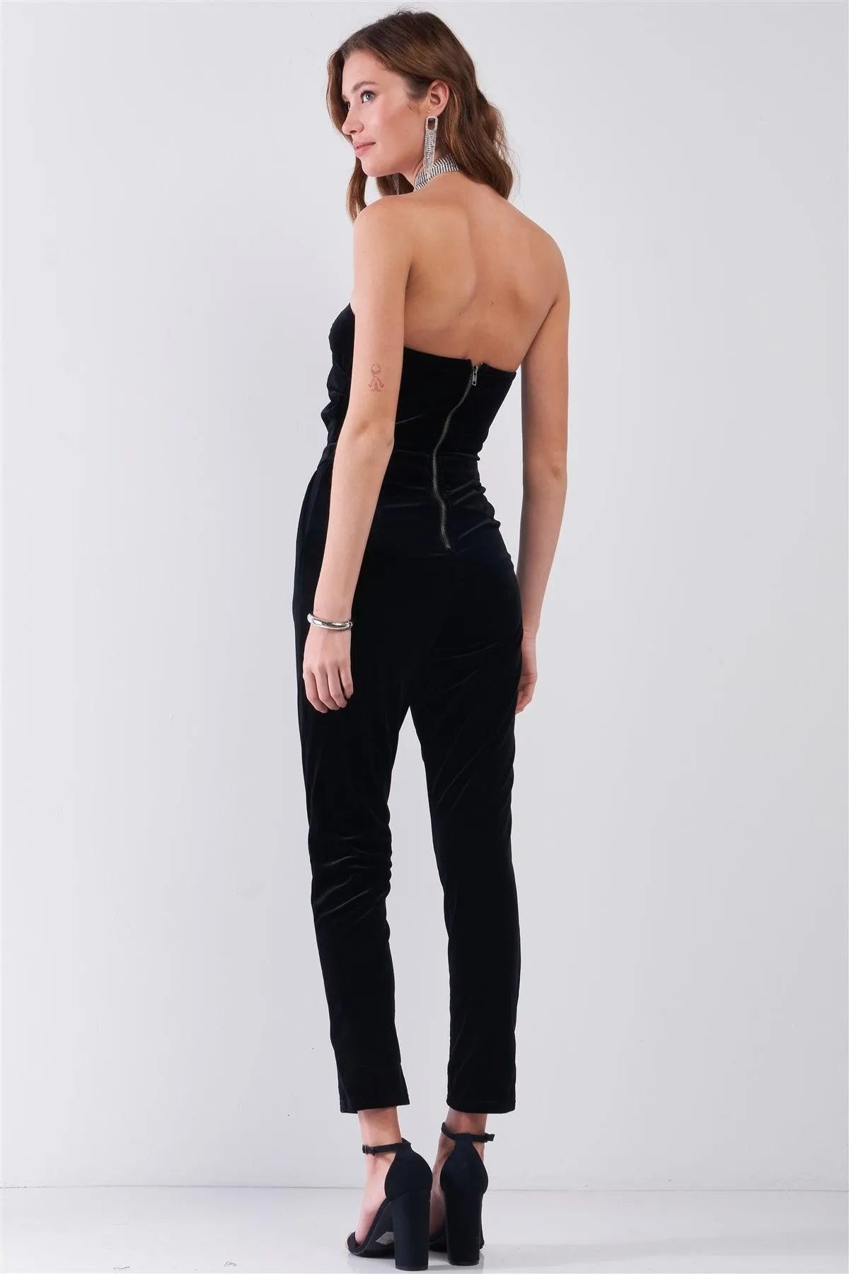 Black Velvet Strapless Sweetheart Neck Wrap Skinny Jumpsuit /1-2-2-1 - Tasha Apparel Wholesale