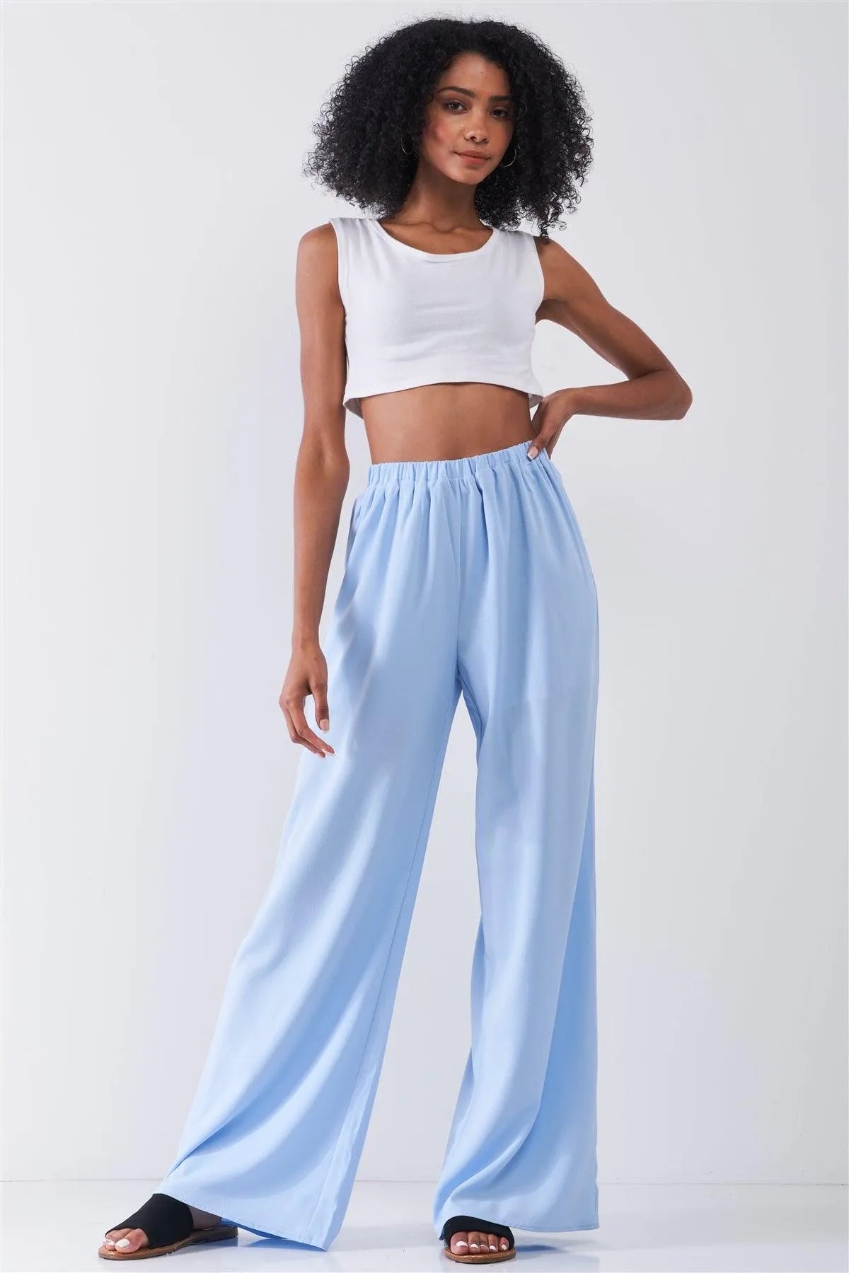 Endless Summer Sky Blue High Waist Flowy Wide Leg Pants /1-2-2-1 - Tasha Apparel Wholesale