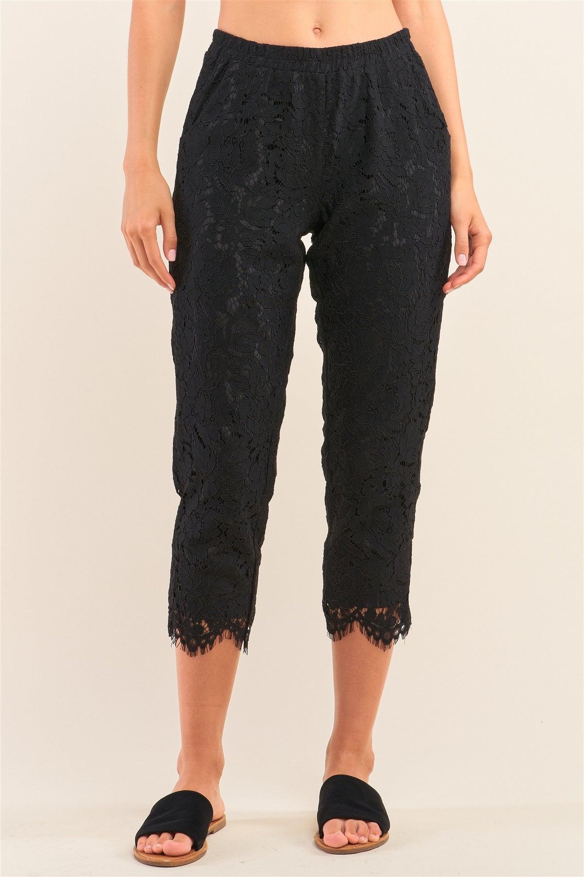 Black Mid-Rise Crochet Lace Shredded Scallop Hem Capri Pants