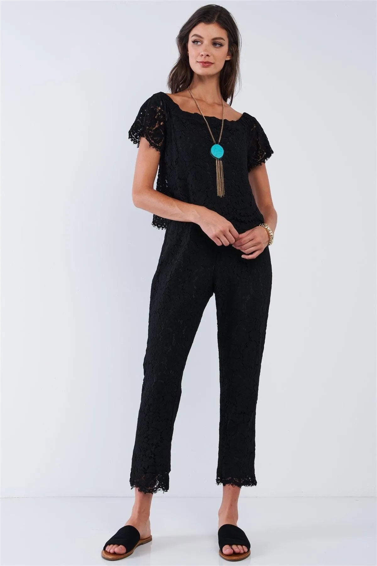 Pitch Black Crochet Off-The-Shoulder Layered Jumpsuit /2-4 - Tasha Apparel Wholesale
