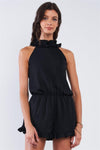 Solid Black Satin Relaxed Fit Stretchy Waist Frill Hem Mock Neck Romper