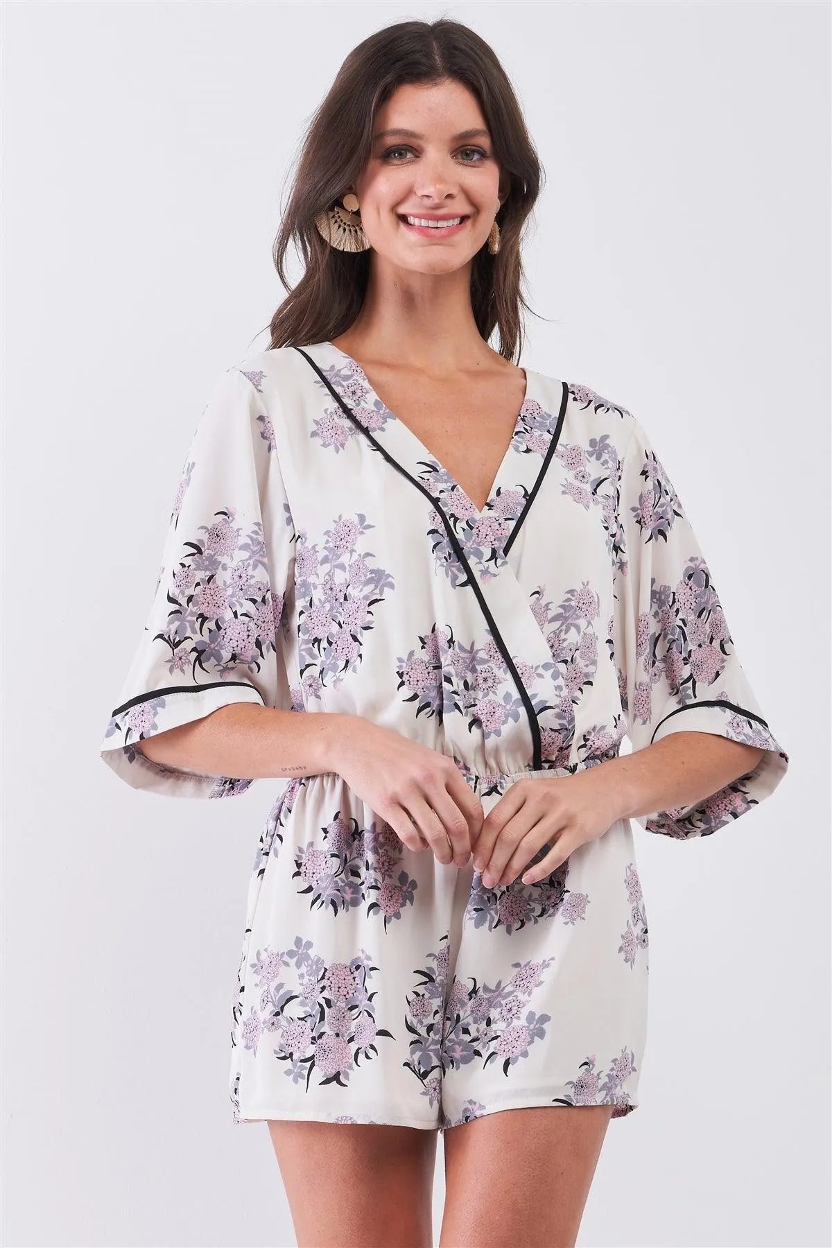 Dahlia Cream & Blush Kimono Inspired Floral Print Wrap Plunging V-Neck Romper /1-2-2-1 - Tasha Apparel Wholesale