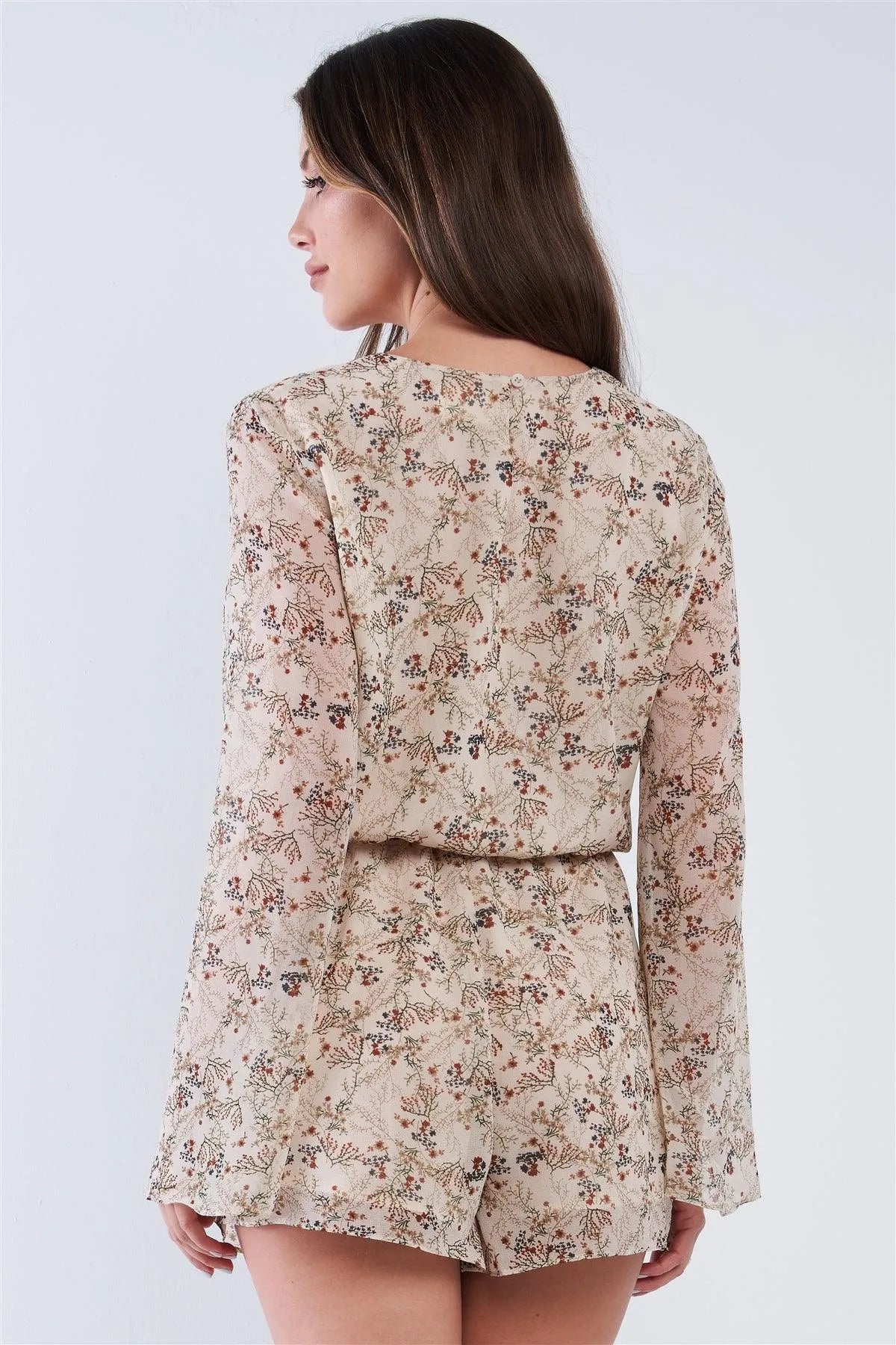 Taupe Floral Multi Color Print Wrap V-Neck Relaxed Fit Long Sleeve Chest Tassel Tip Self Tie Romper /1-2-3 - Tasha Apparel Wholesale